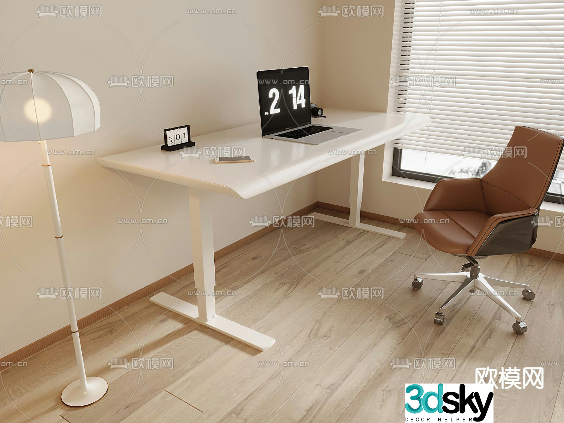 Cream desk chair computer desk 3d model