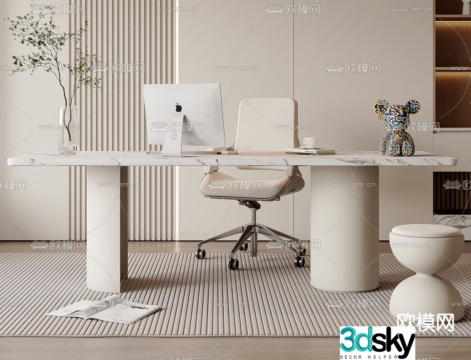 Cream style desk computer desk 3d model