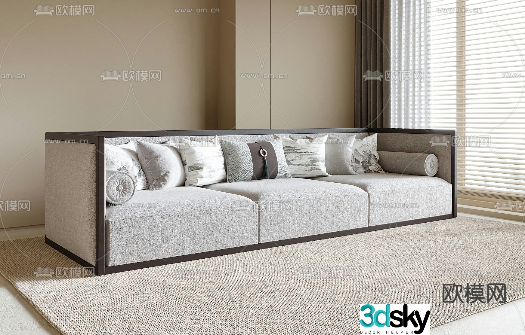 New Chinese style one-shaped sofa three-person sofa 3D model