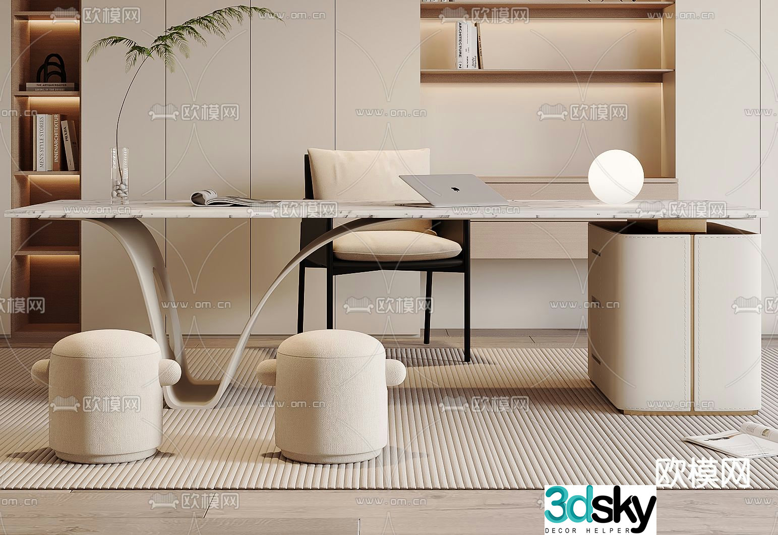 Cream style desk computer desk 3d model
