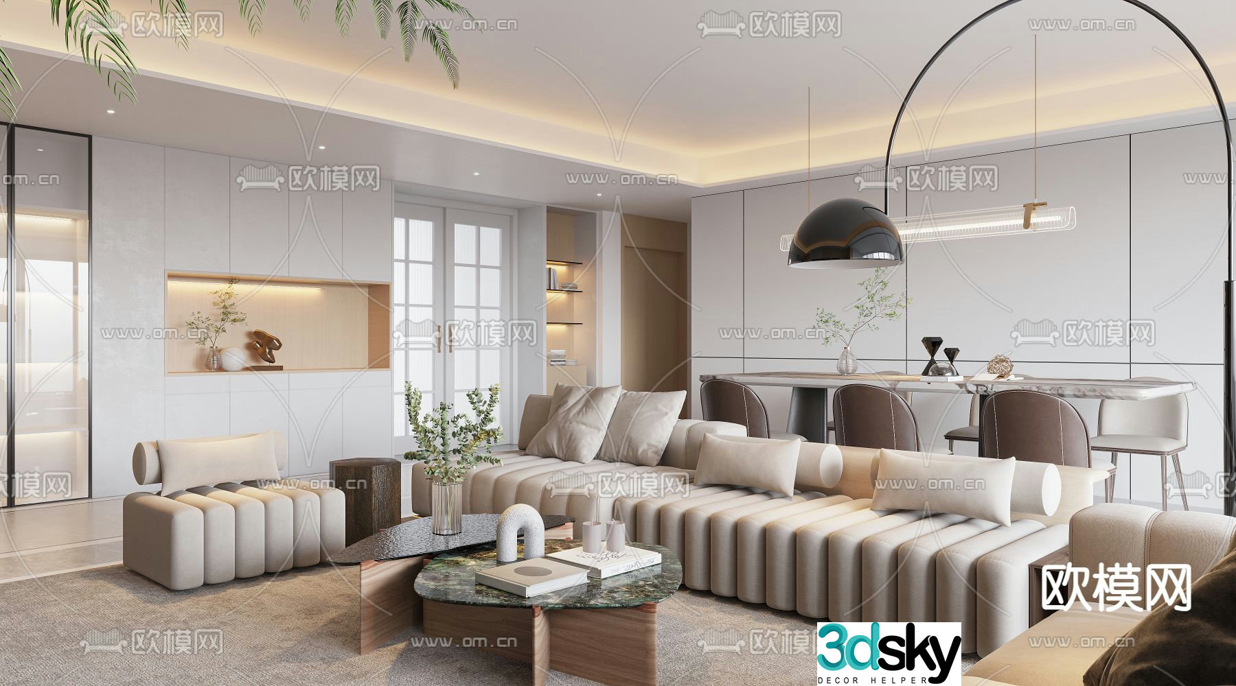 Modern living and dining room marble dining table 3d model