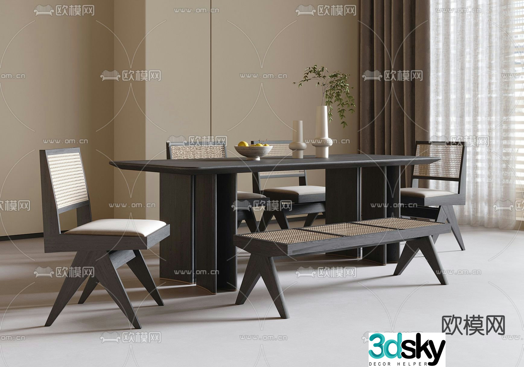 Wabi-sabi dining table and chairs 3d model