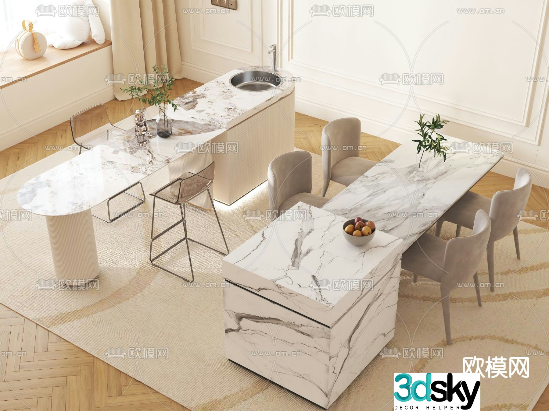 Slate island dining table 3d model