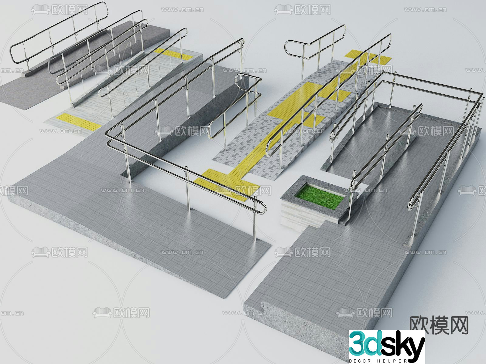 Accessible aisle Fence Disabled ramp Guardrail 3d model