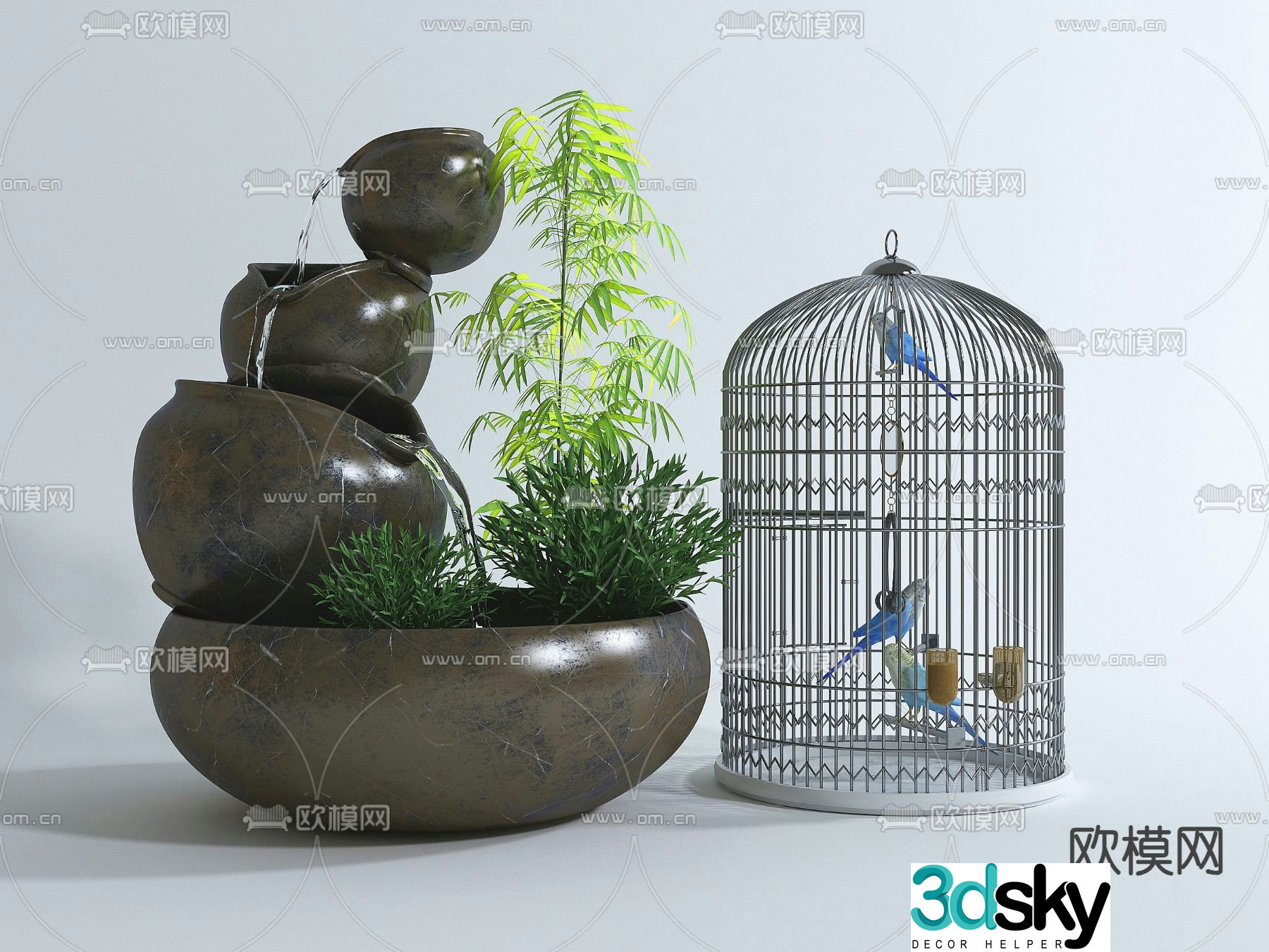 New Chinese style flowing water bowl flower bowl birdcage 3D model