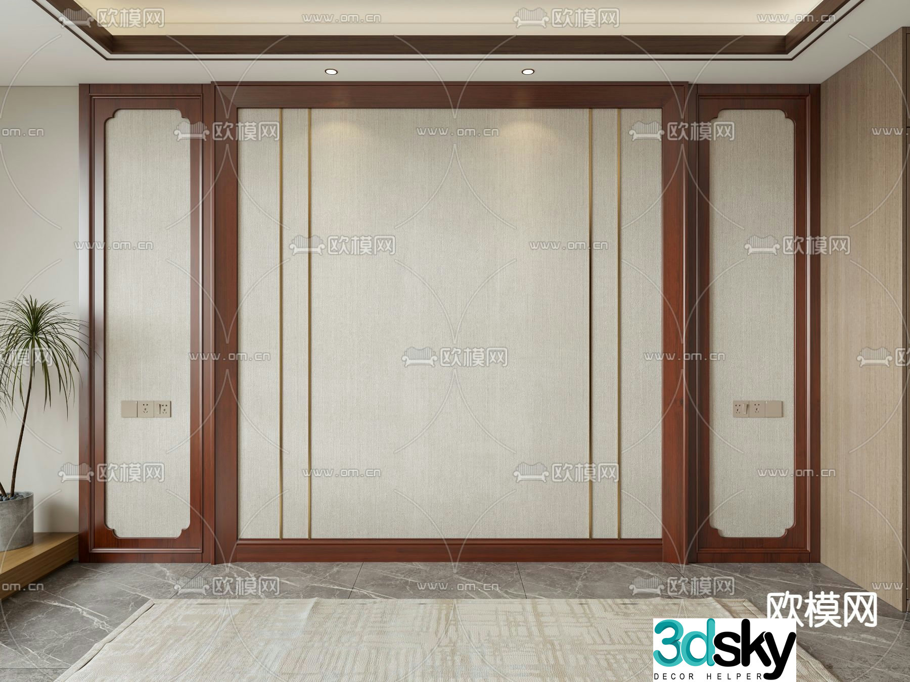 New Chinese style bedroom background wall solid wood wall panel 3d model