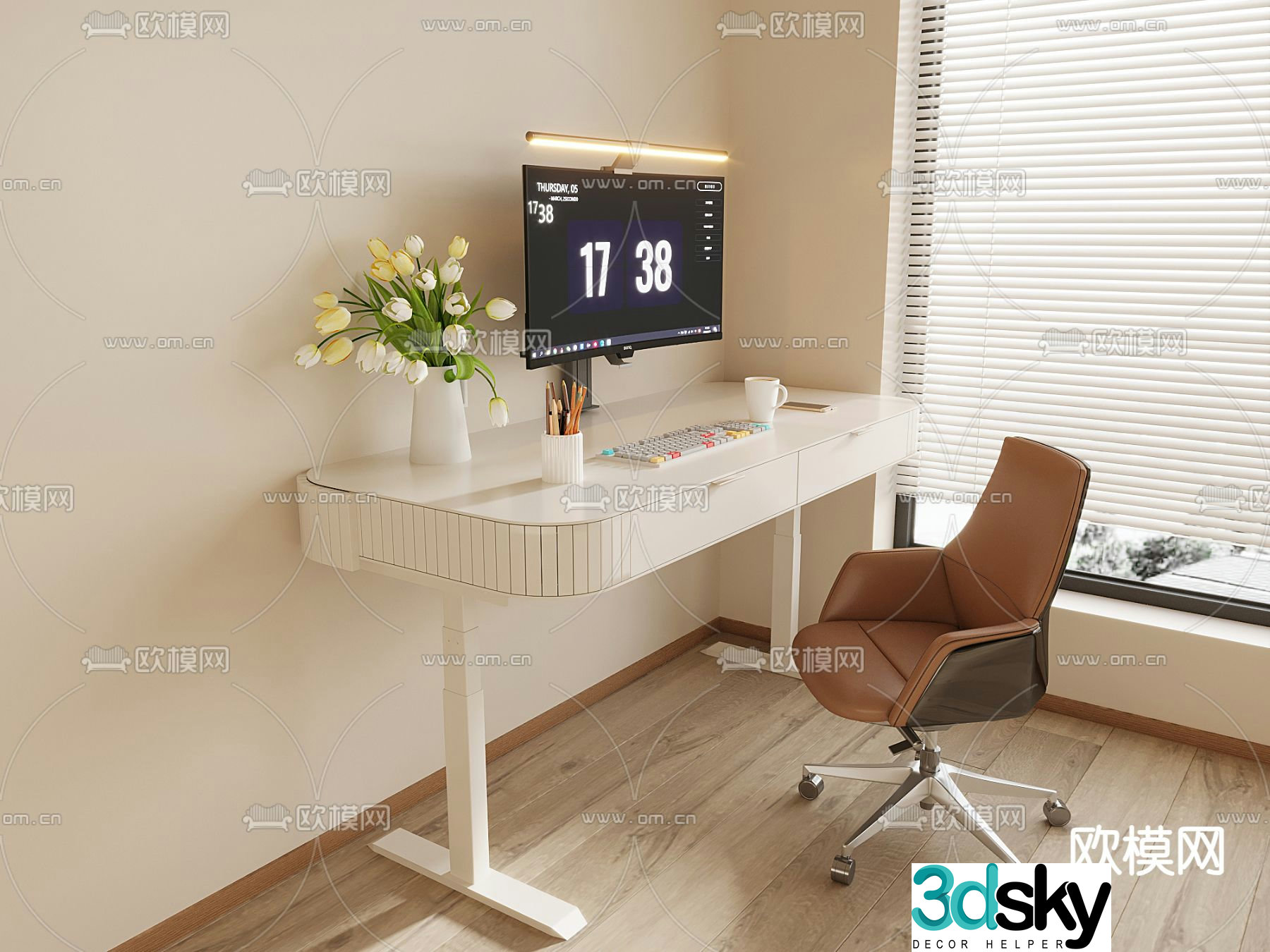 Cream style desk chair computer desk 3d model