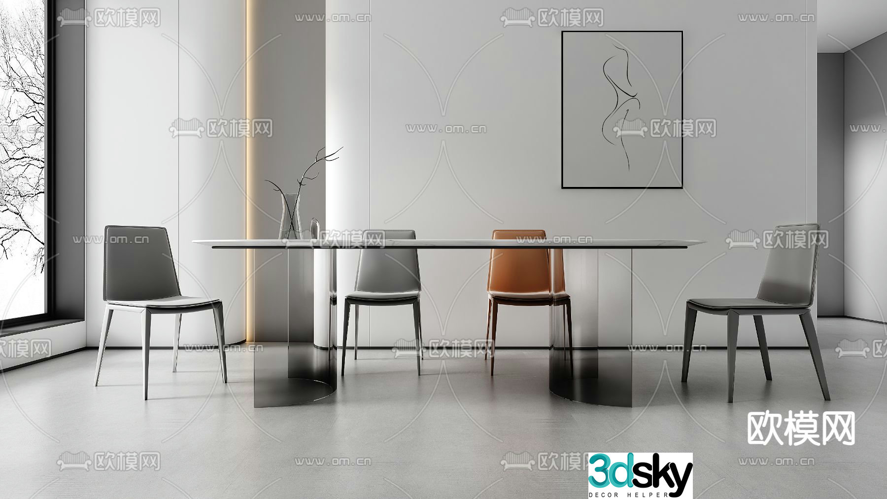 Long dining table and chairs 3d model