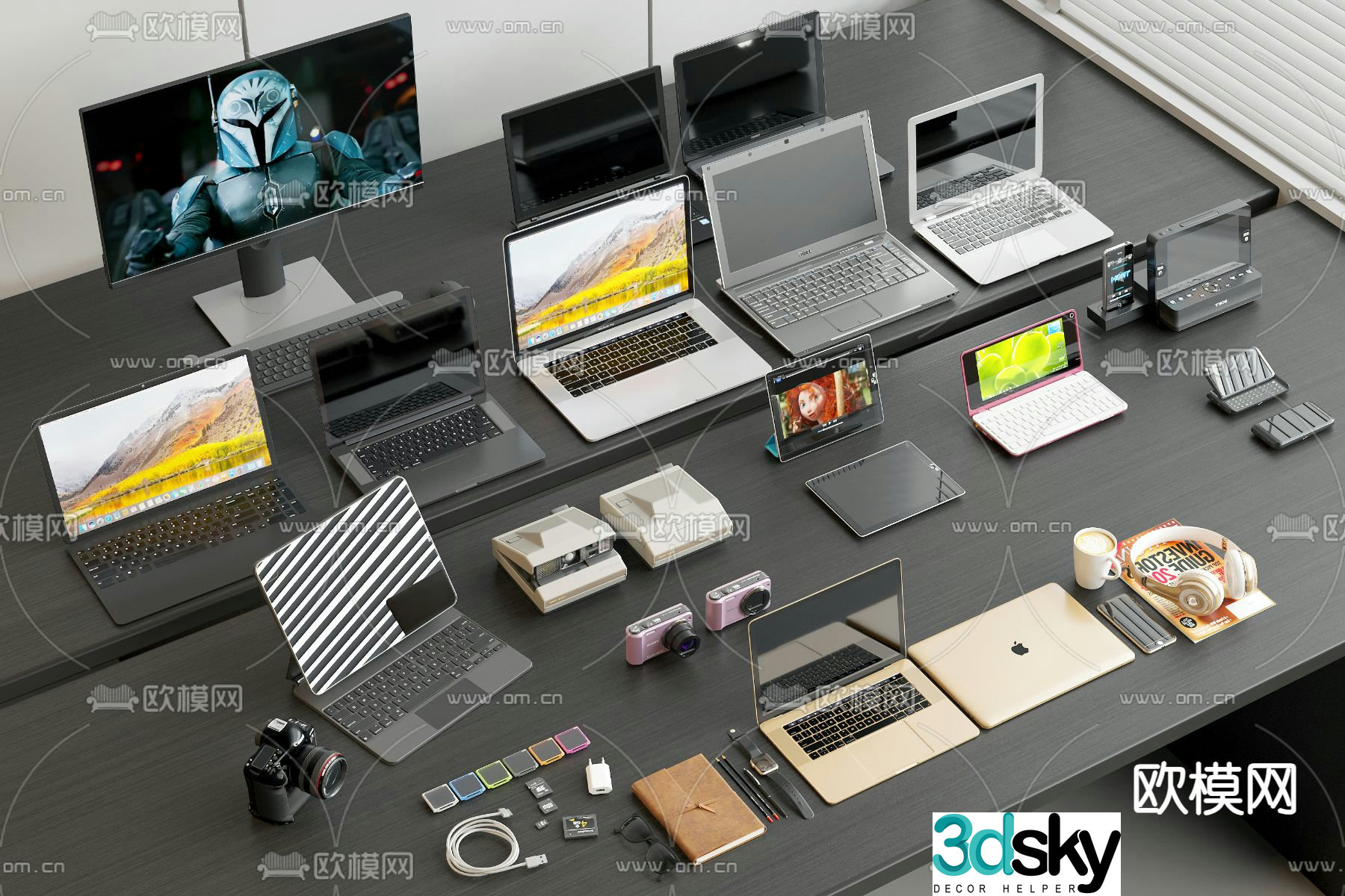 Office supplies desktop accessories tablets mobile phones 3D model