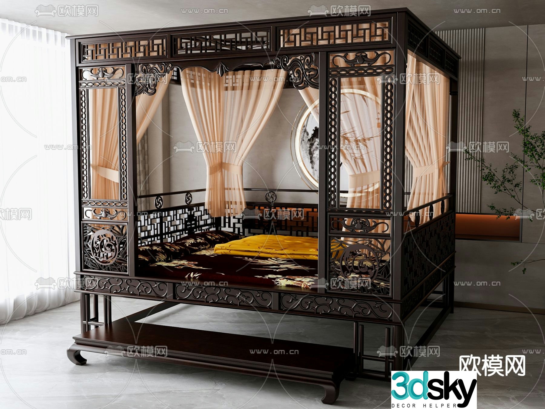 Chinese footrest double bed canopy bed 3d model