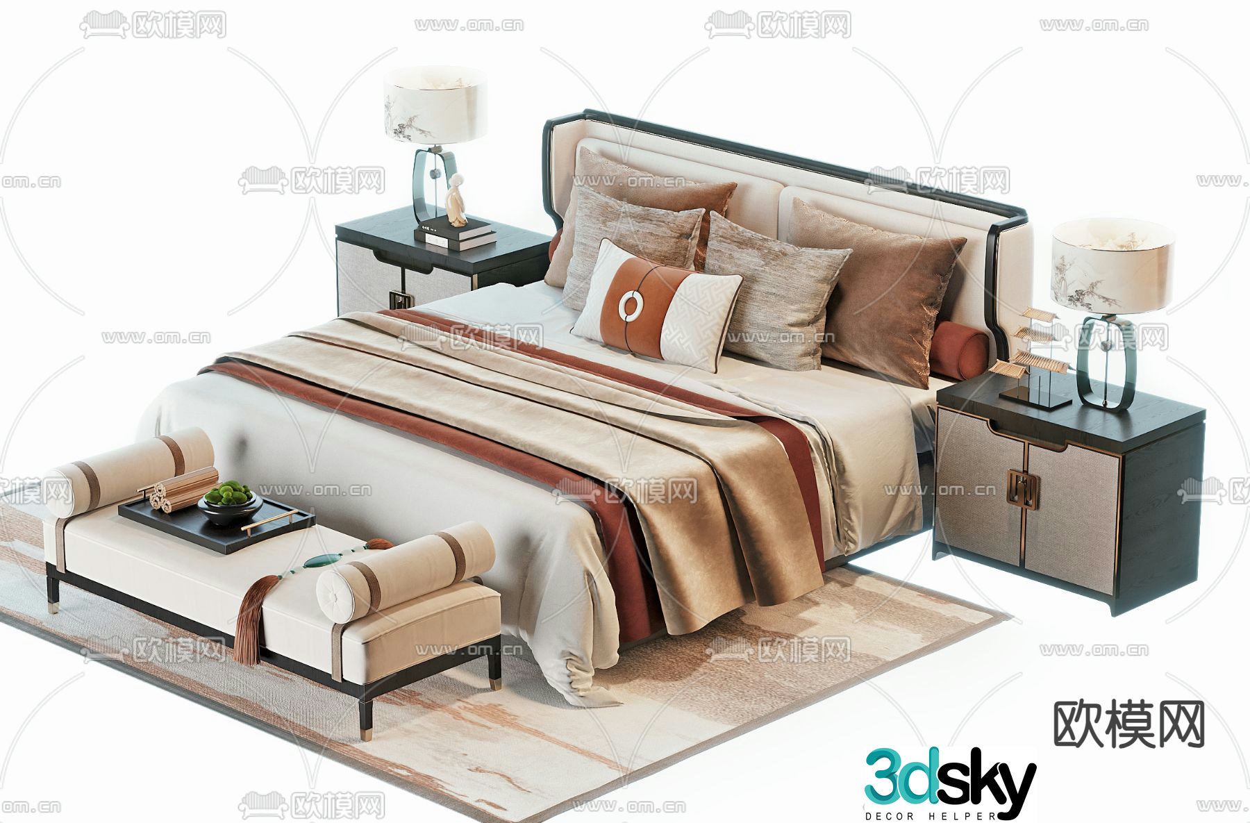 New Chinese style double bed 3d model