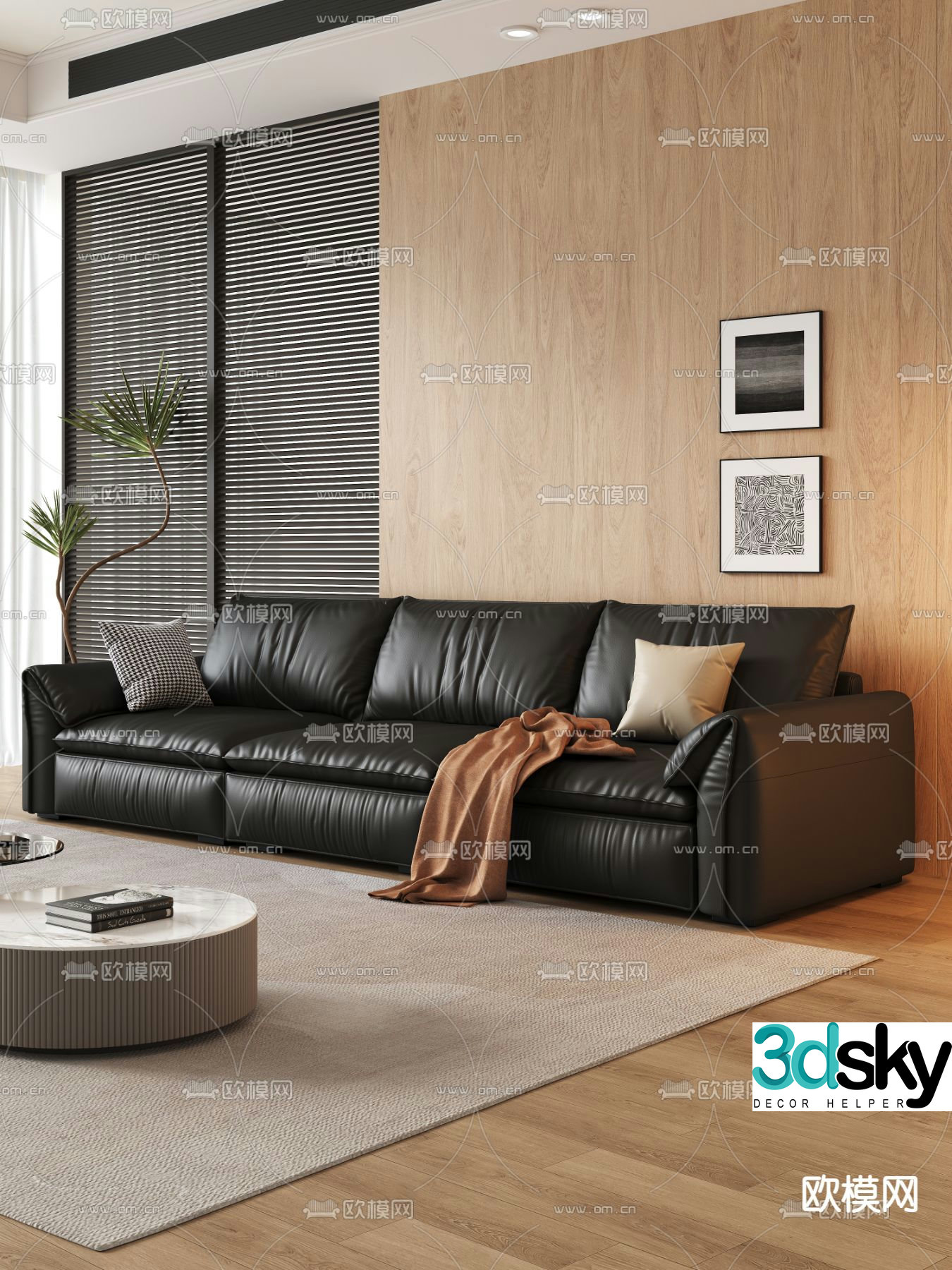 Modern three-seat sofa leather sofa 3d model
