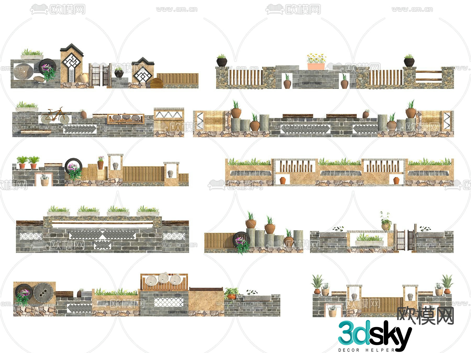 New Chinese style rural landscape wall courtyard wall folk landscape wall 3d model