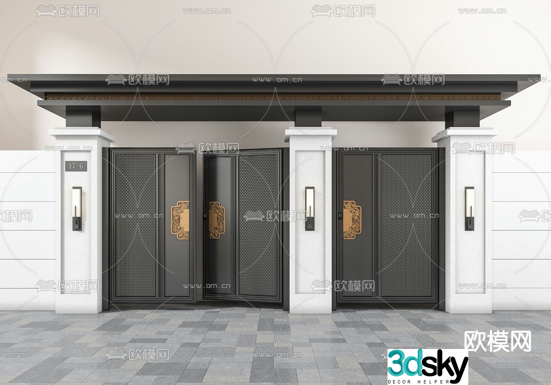 Chinese style courtyard door yard door double door 3D model