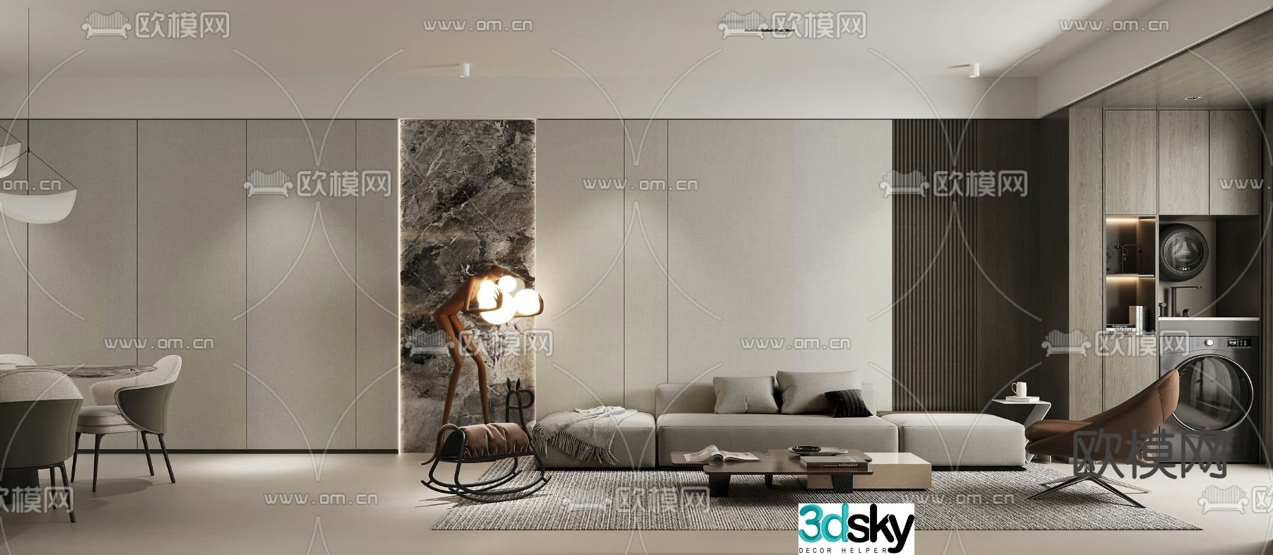 Modern living and dining room 3d model