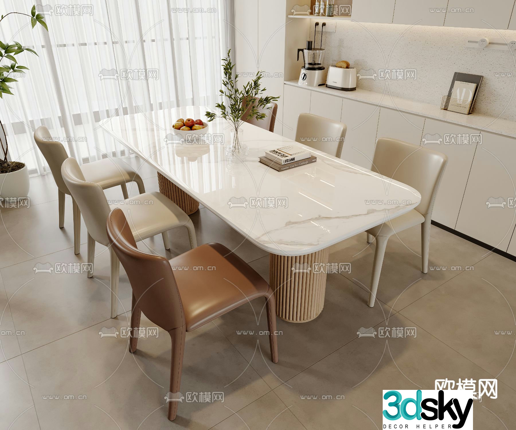 Long dining table and chairs 3d model