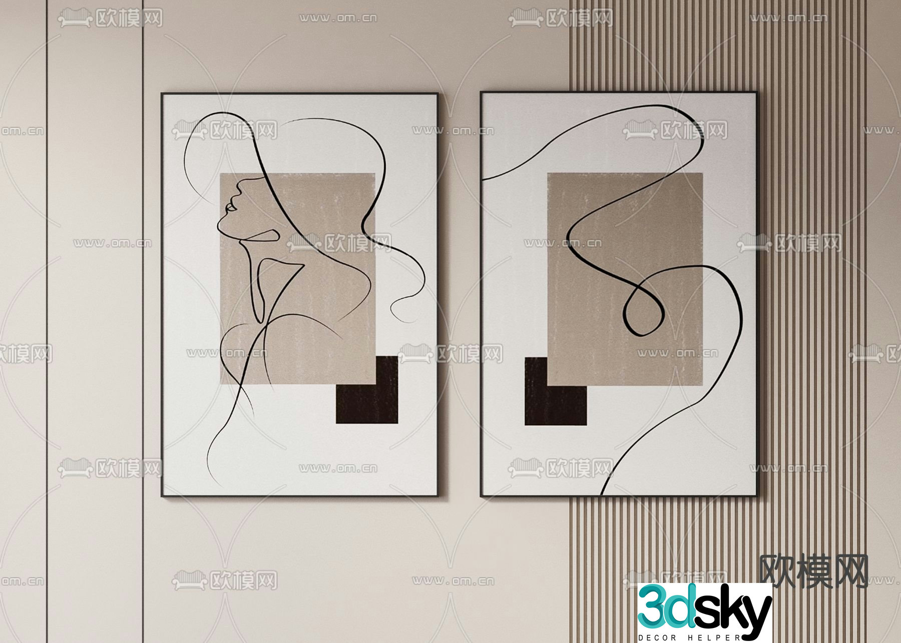 Simple hanging paintings line drawing 3d model
