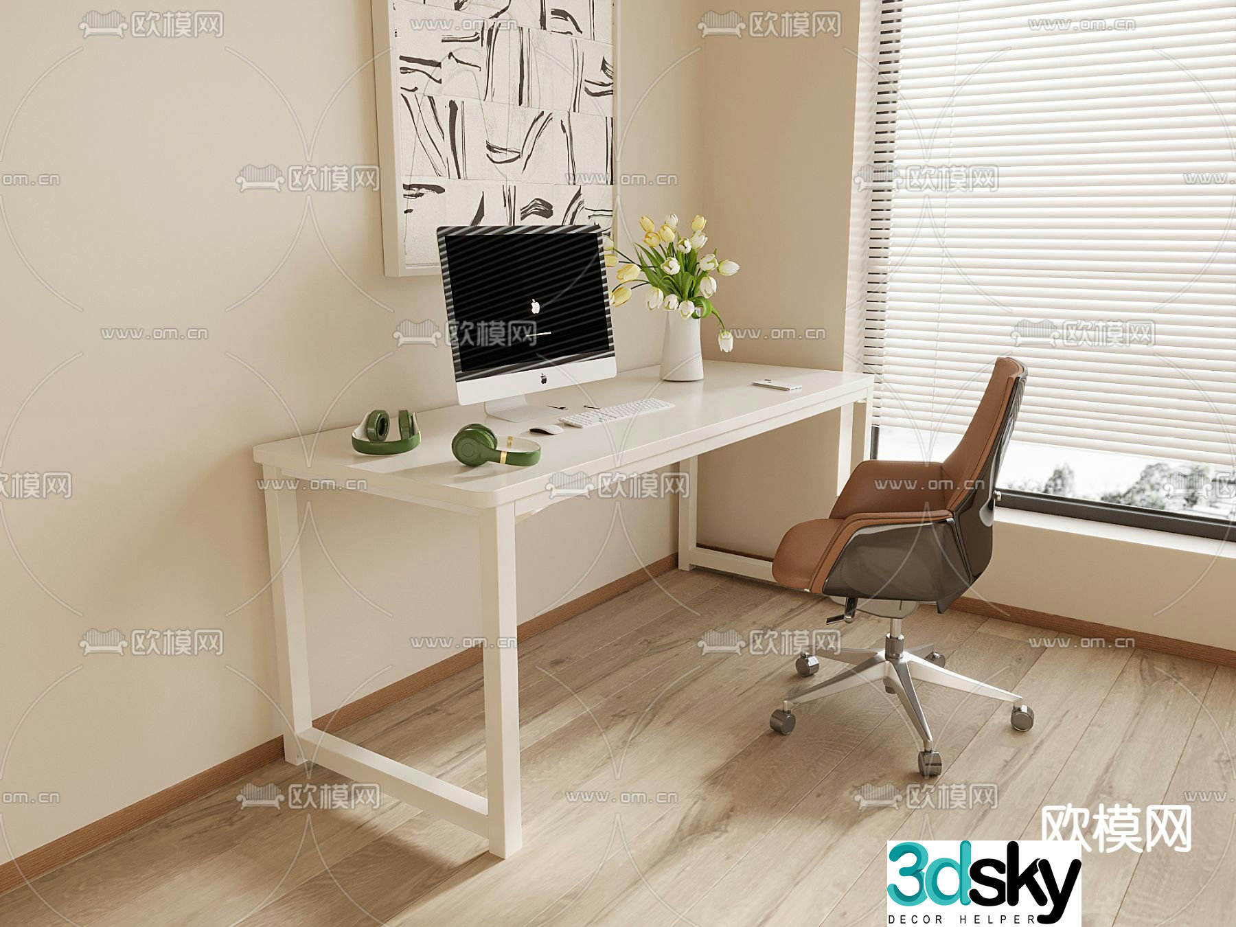 Creamy desk writing desk computer desk 3d model