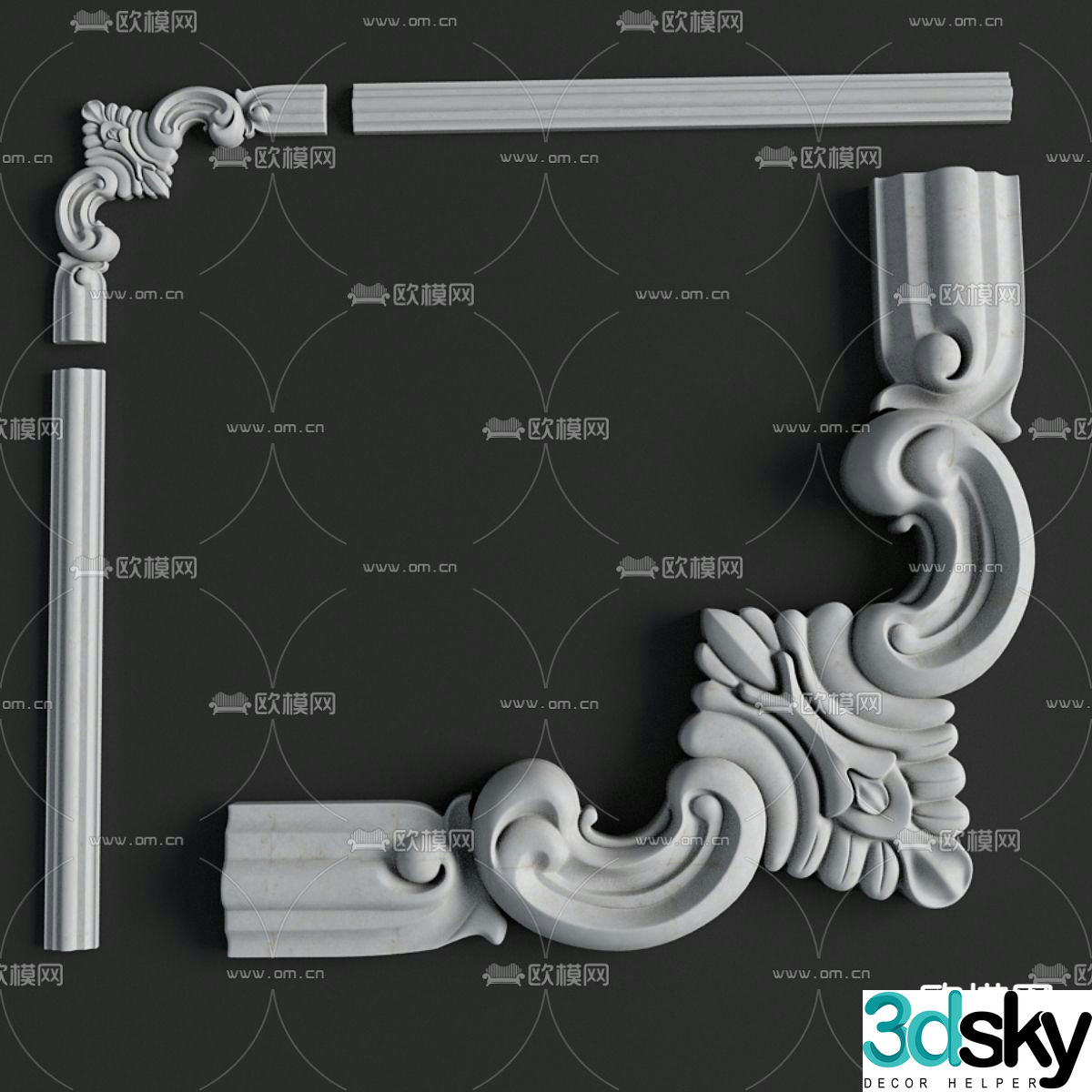 European carved lines corner flowers gypsum lines 3d model