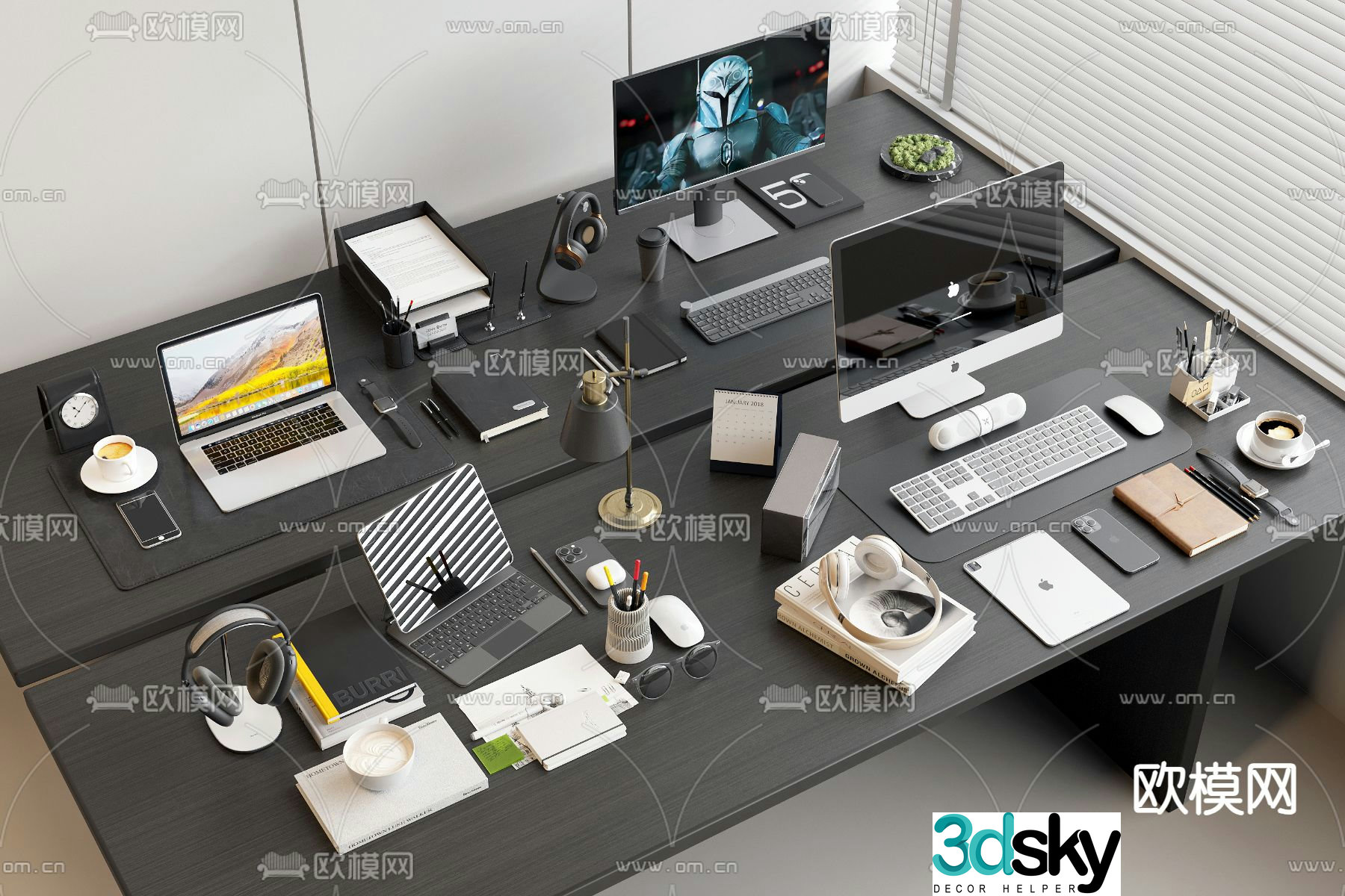 Office supplies desktop accessories tablets mobile phones headphones 3D model