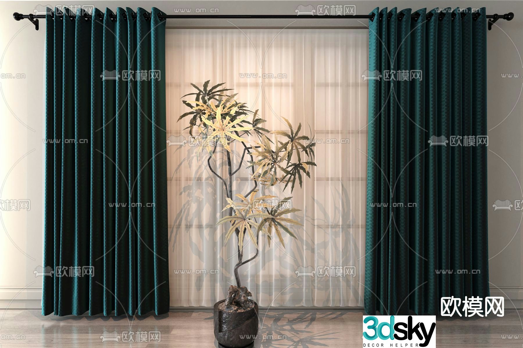 Royal blue green curtain gauze curtain 3d model