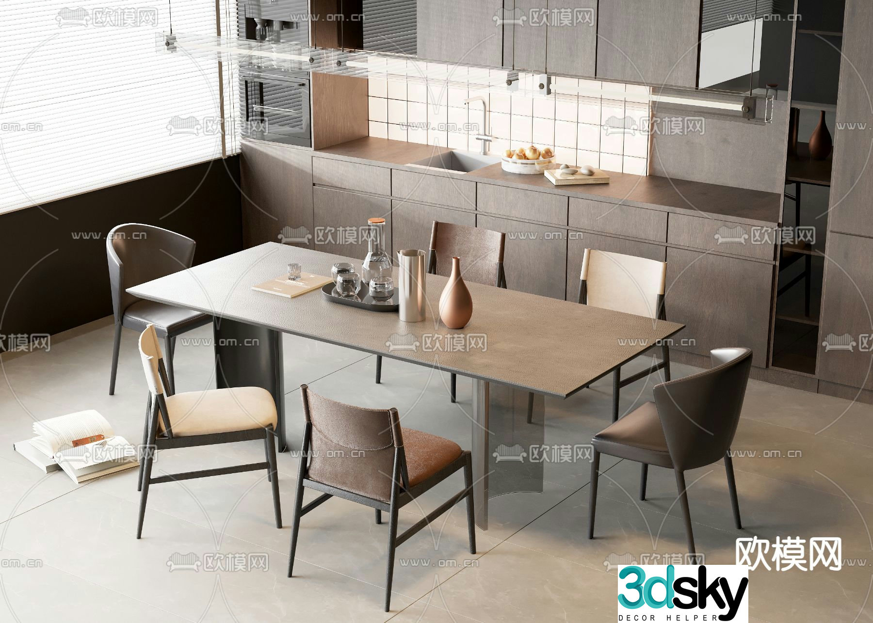 Long dining table and chair 3d model