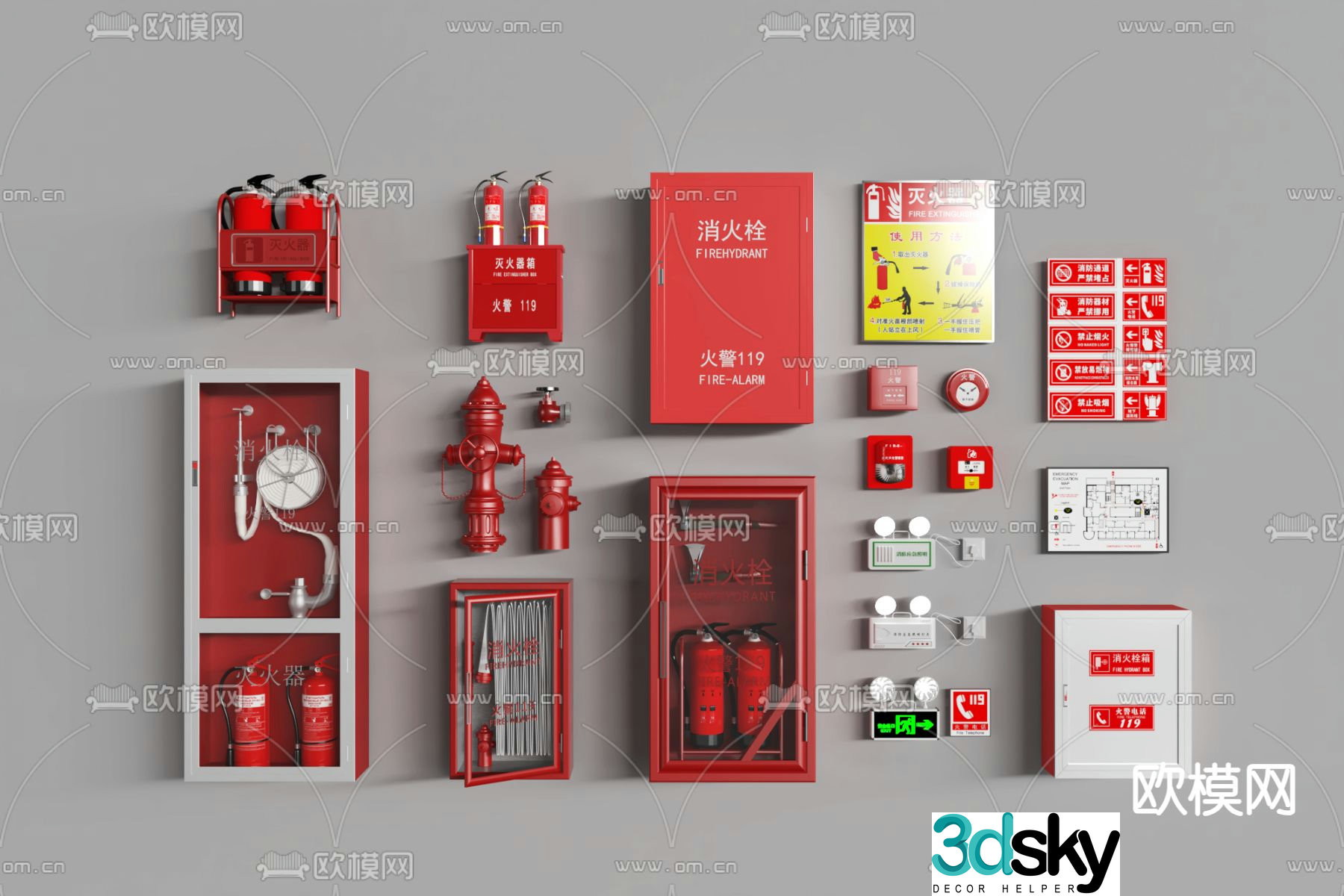 Fire hydrant fire extinguisher fire prevention sign 3d model