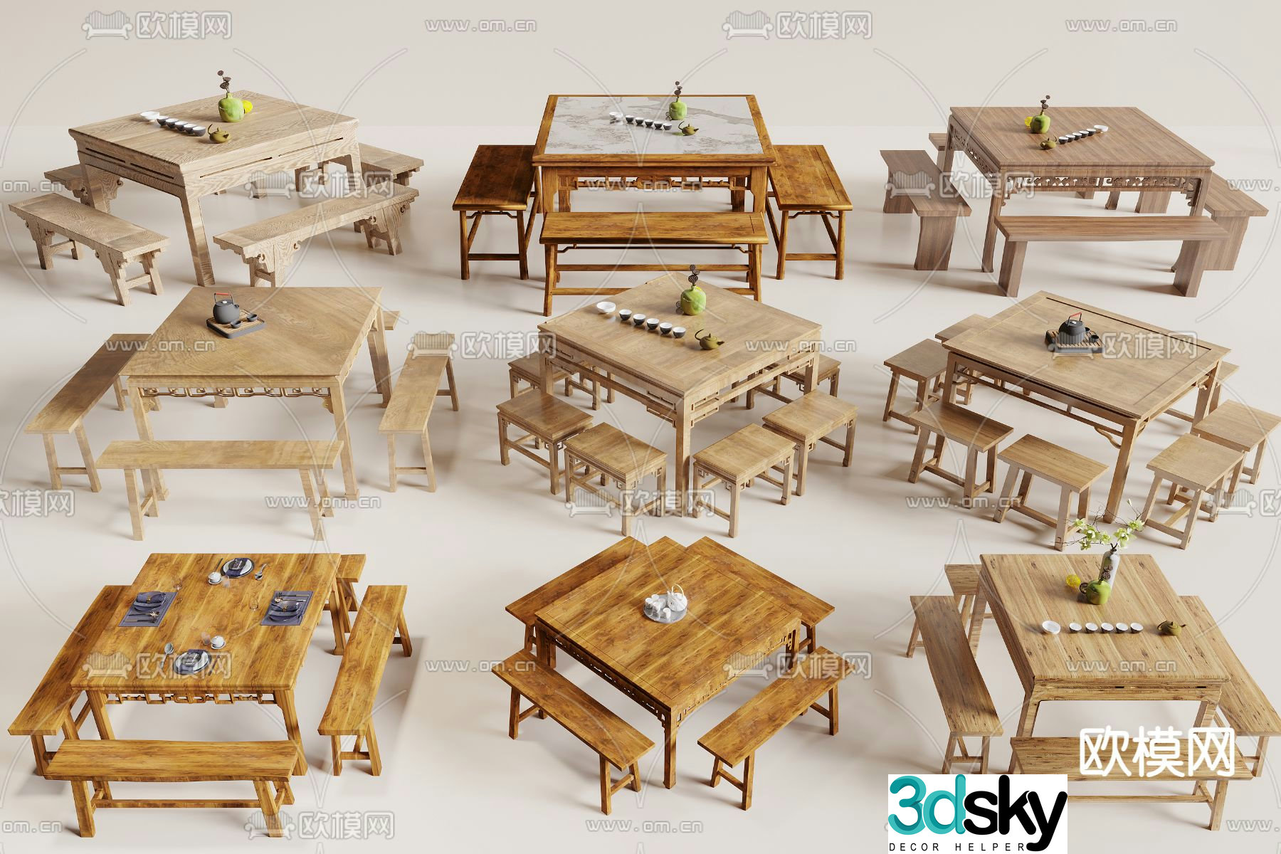 Chinese Eight Immortals Table Solid Wood Tables and Chairs Tea Table 3D Model