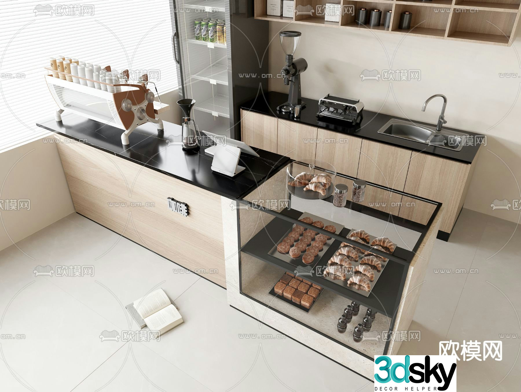 Coffee shop operation table cashier counter bakery cabinet 3D model