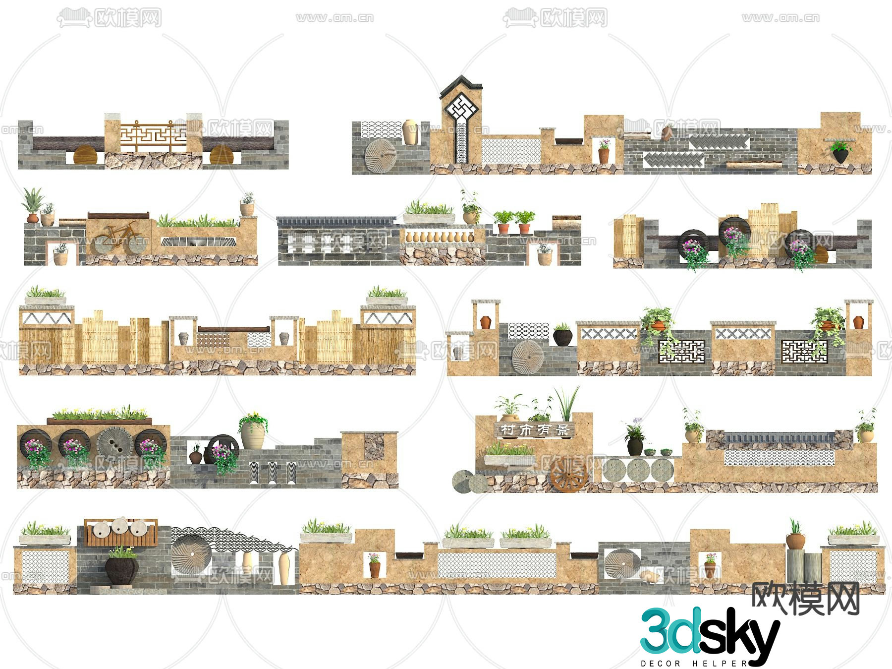 New Chinese style rural landscape wall courtyard wall folk landscape wall 3d model