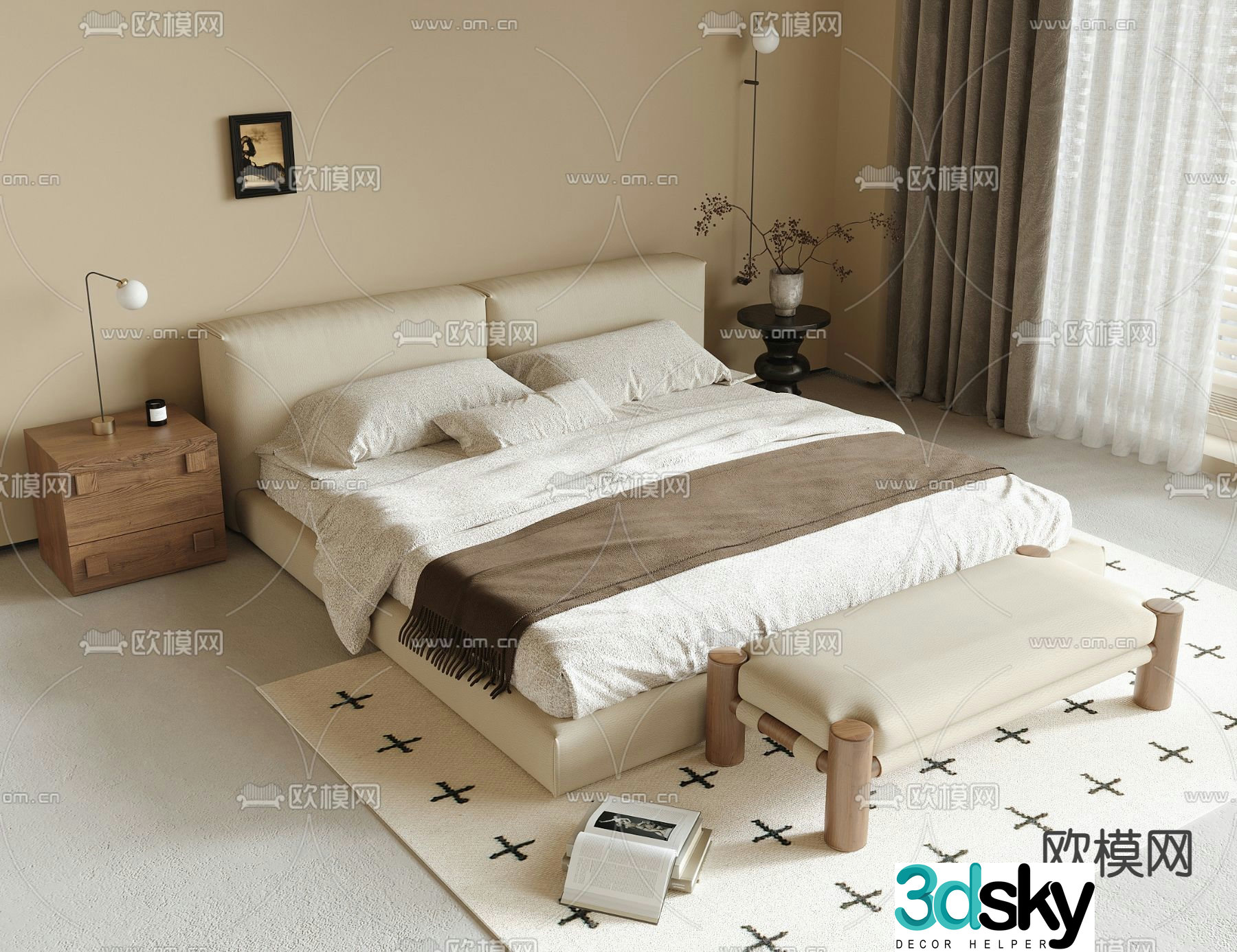 Cream style double bed 3d model