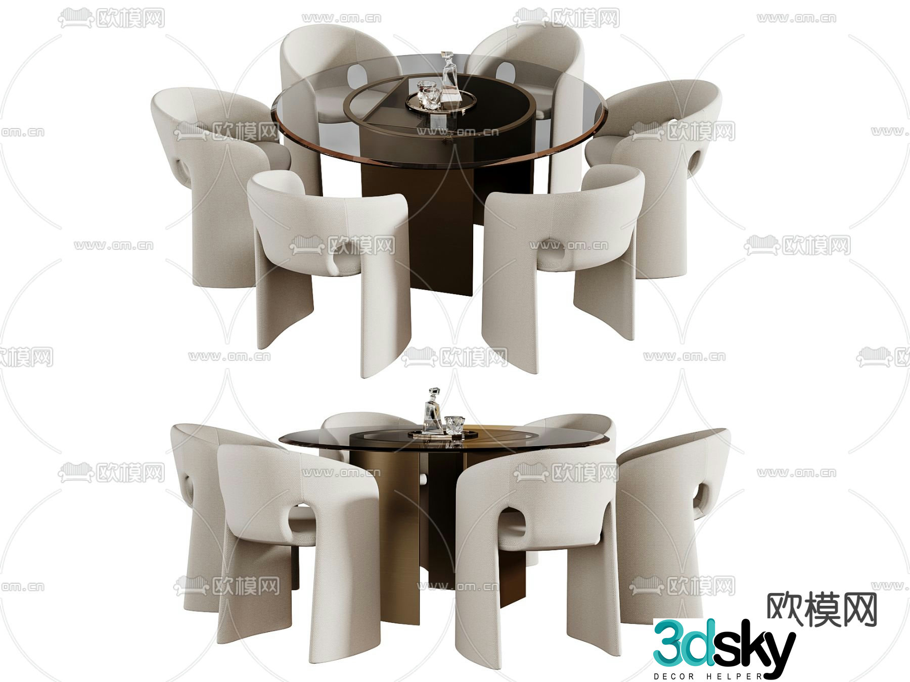 Round dining table and chairs Glass dining table 3D model