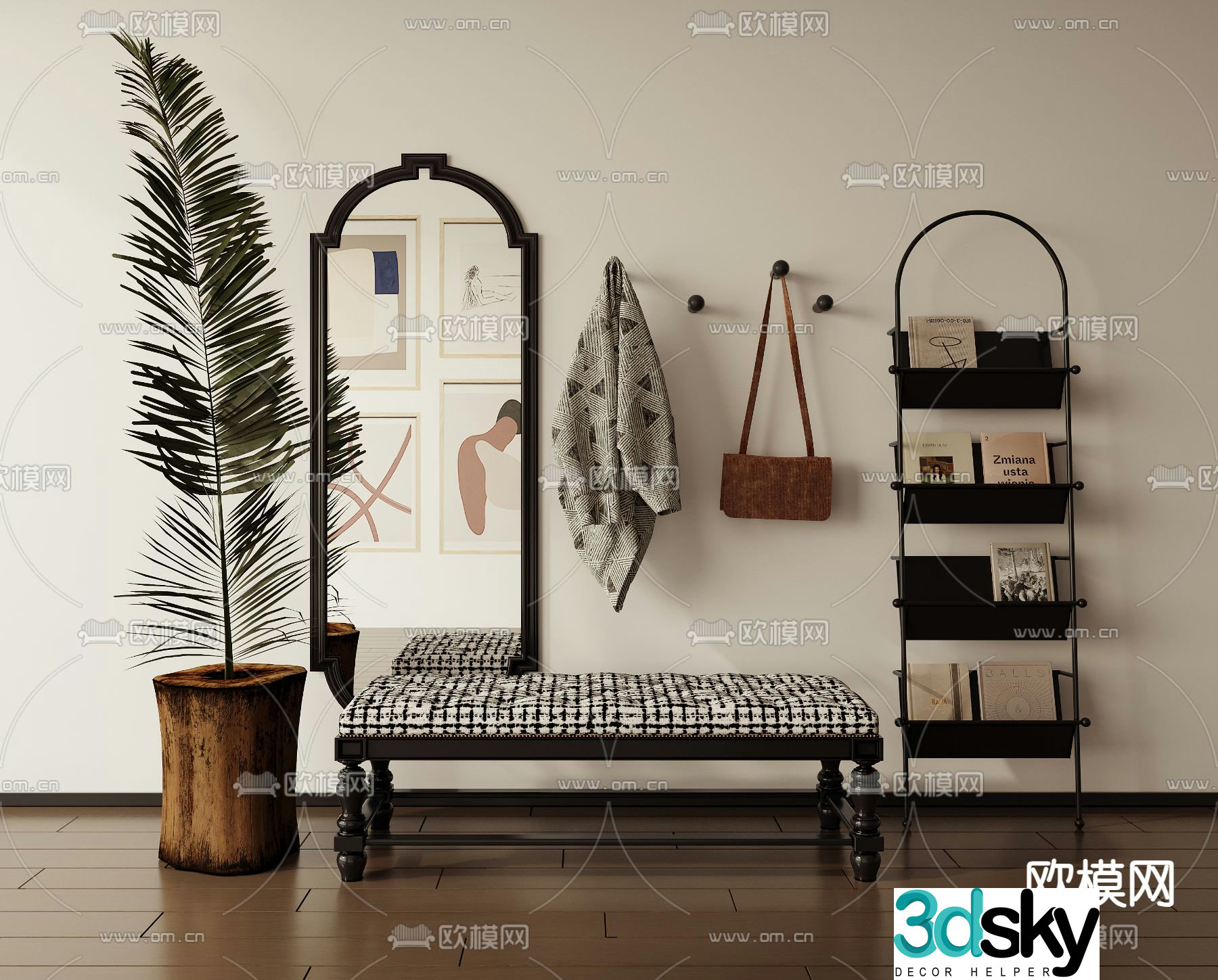 Bar stool shoe changing stool full-length mirror magazine rack 3D model