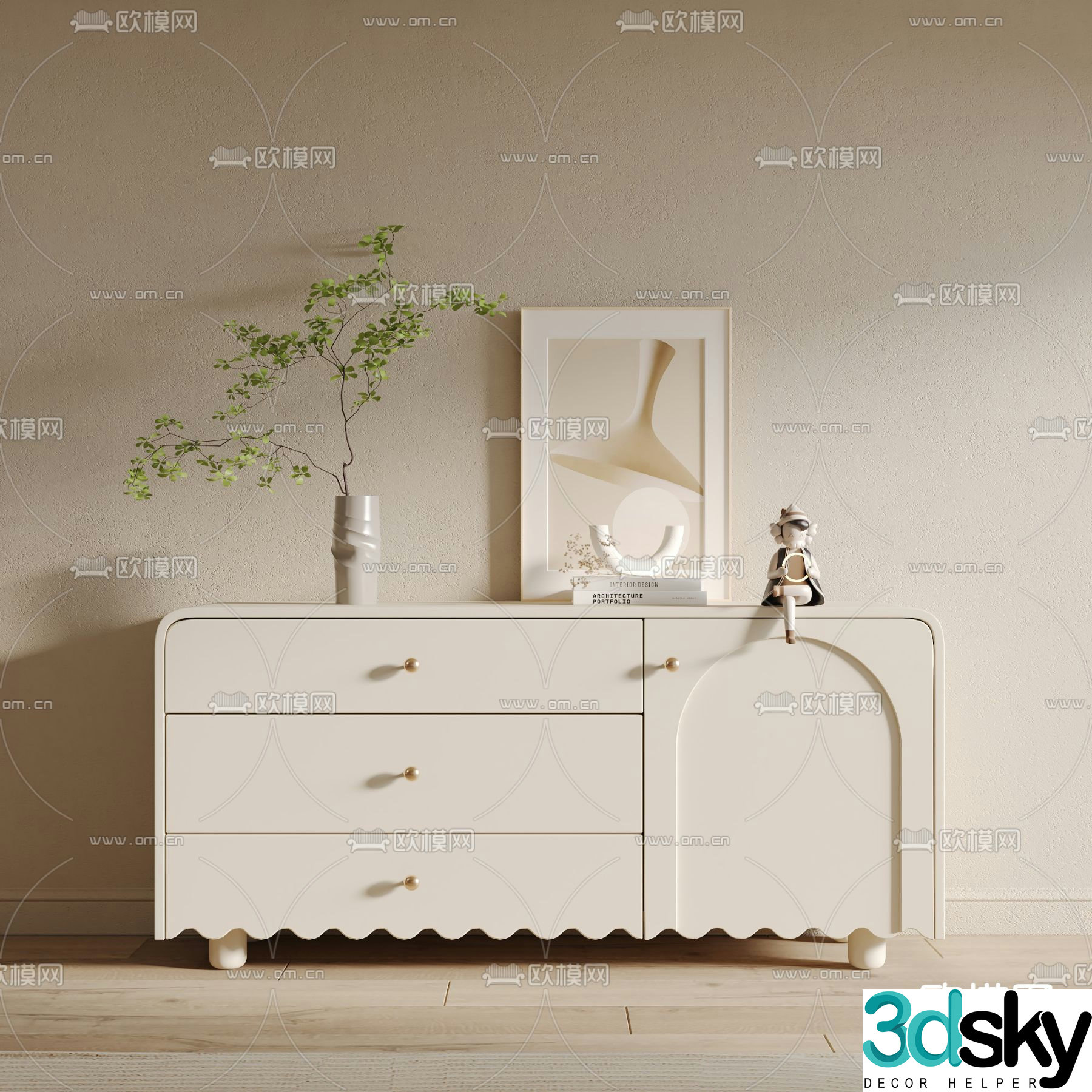 Cream style entrance cabinet side cabinet storage cabinet 3D model