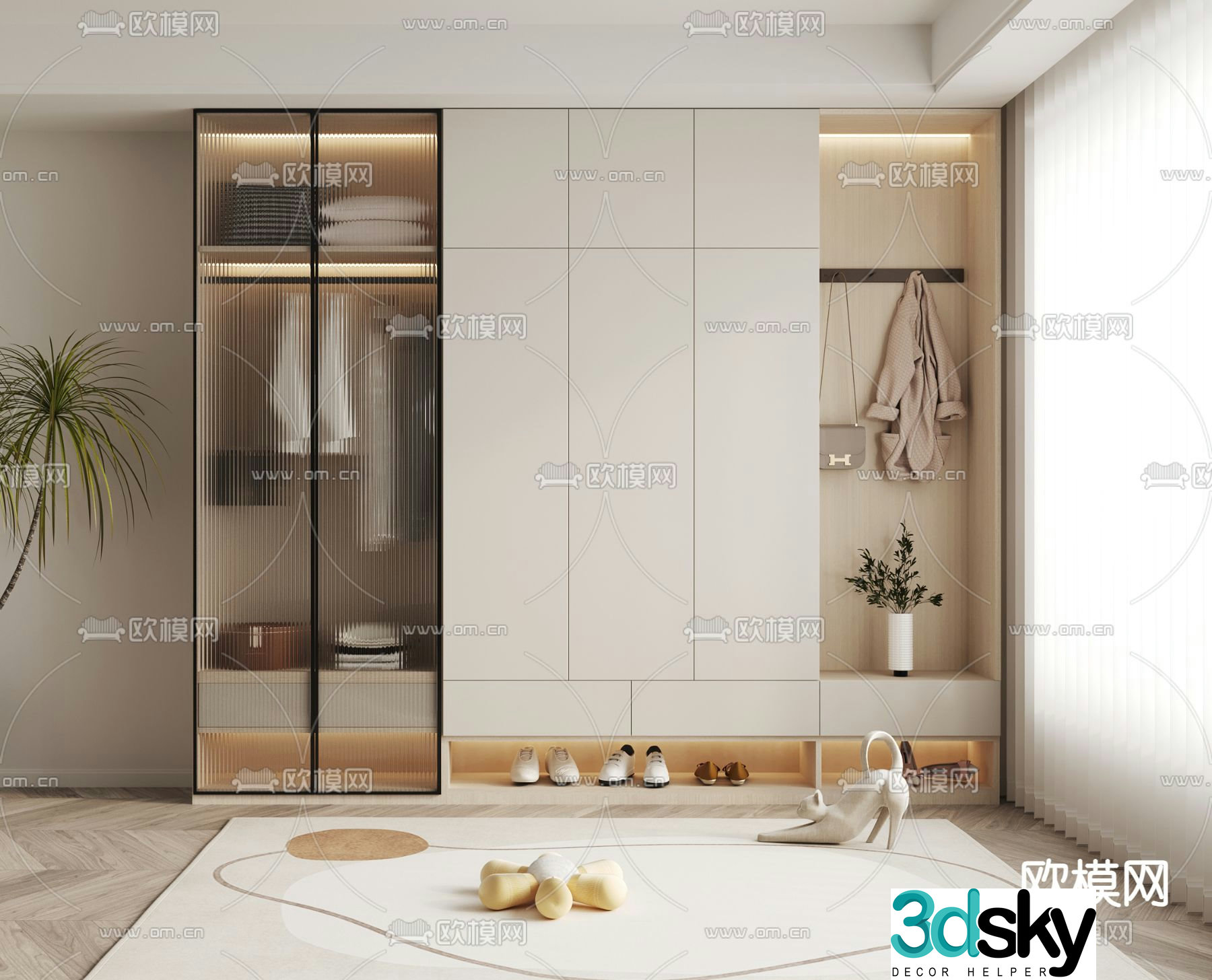 Cream Style Shoe Cabinet Entrance Shoe Cabinet 3D Model