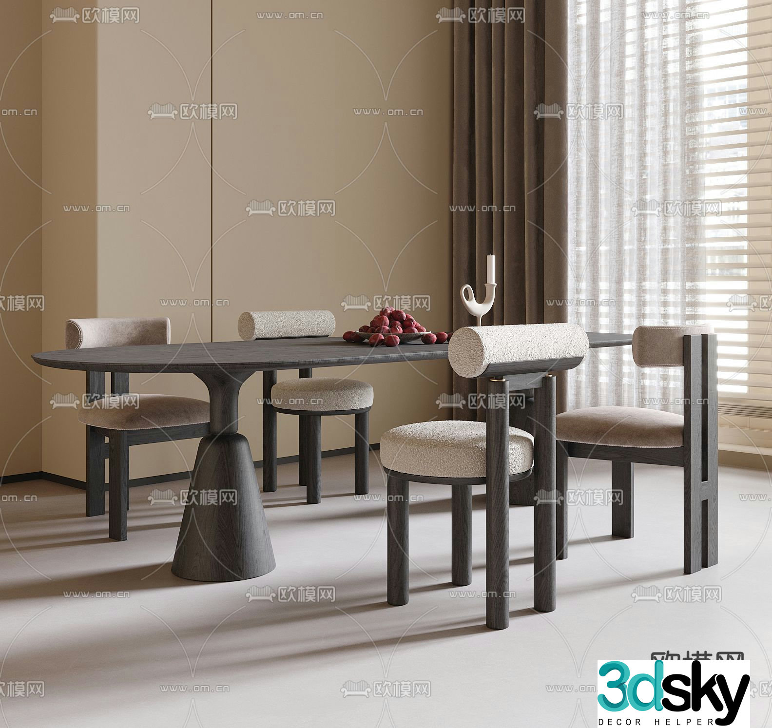 Oval dining table and chairs solid wood dining table 3d model