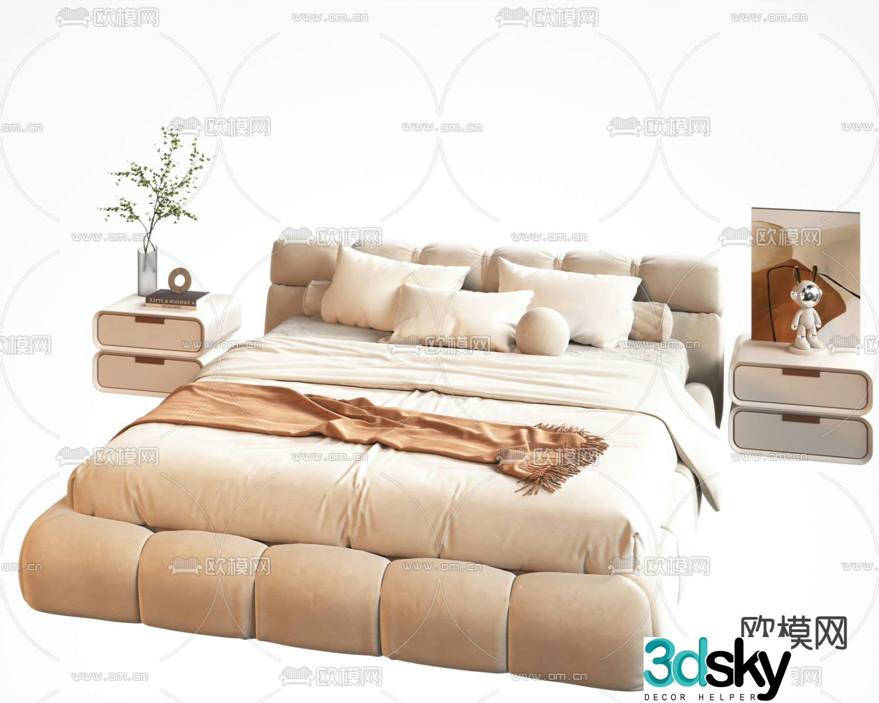 Cream style double bed 3d model