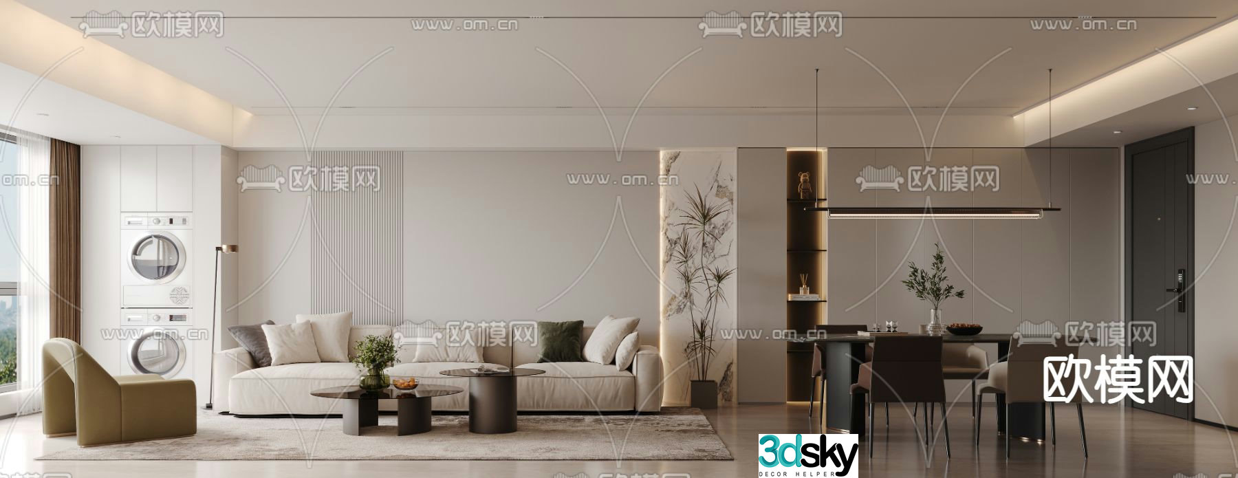 Modern living and dining room 3d model