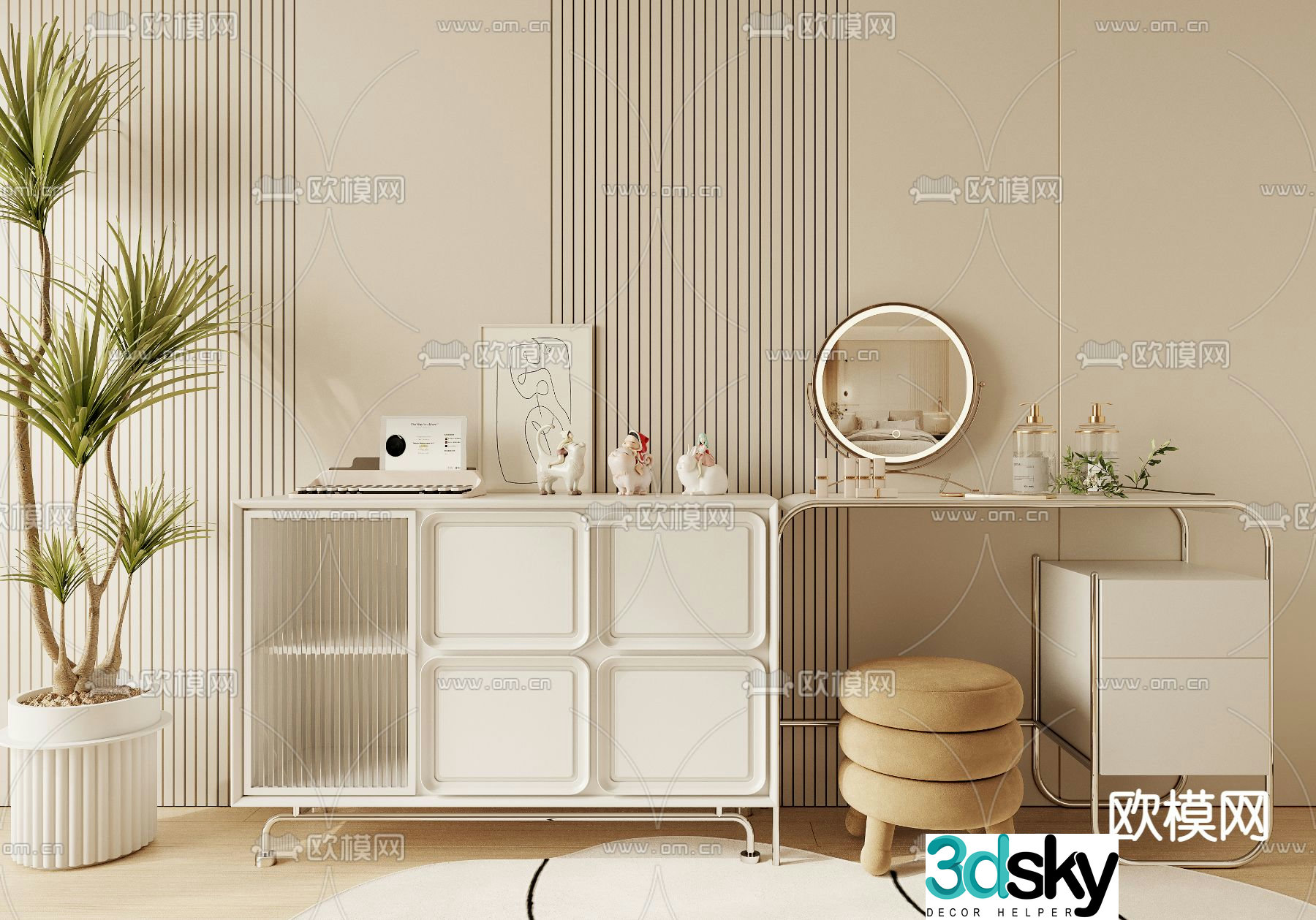 Cream style dressing table makeup table 3d model