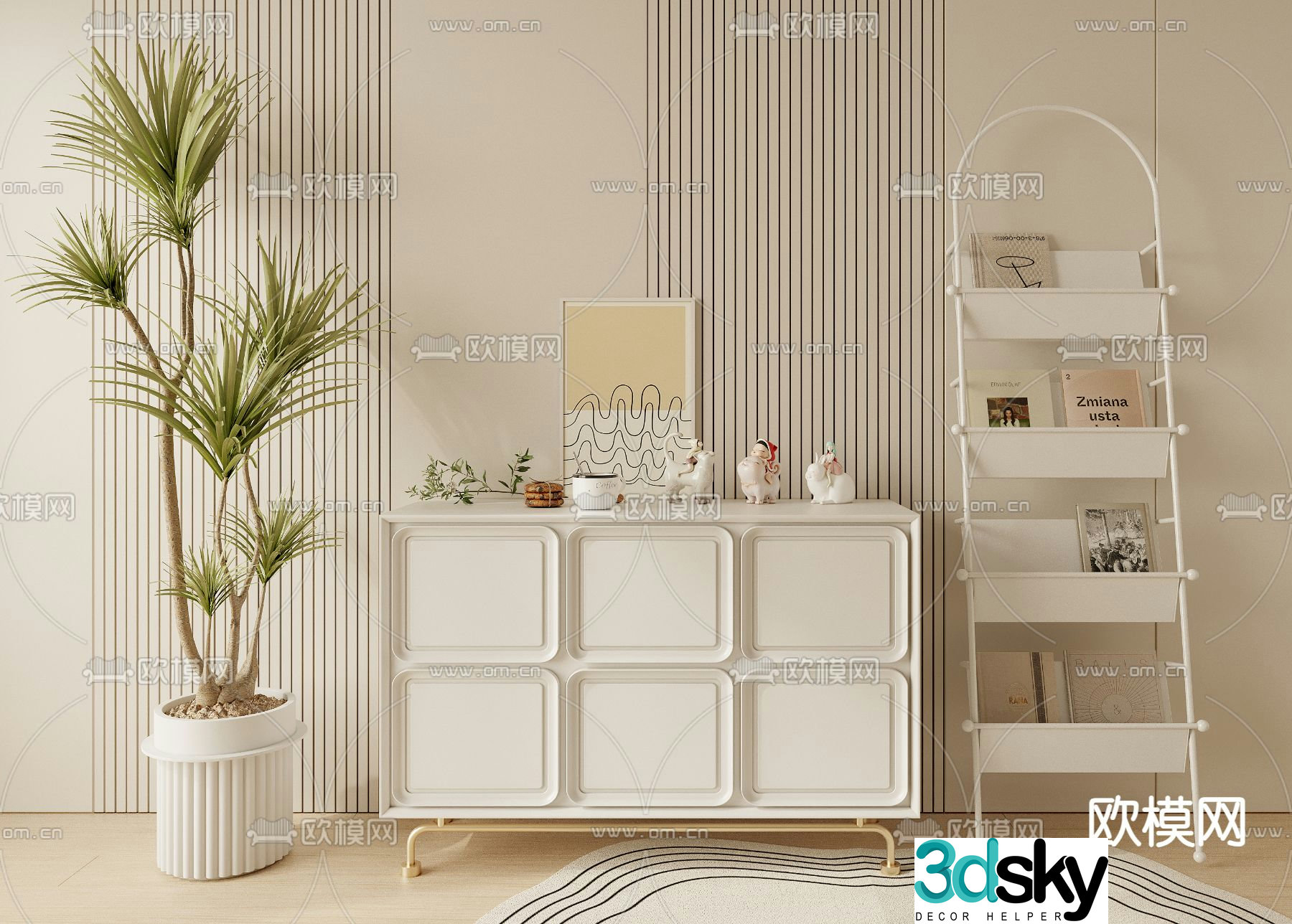 Creamy wind side cabinet Magazine rack 3d model