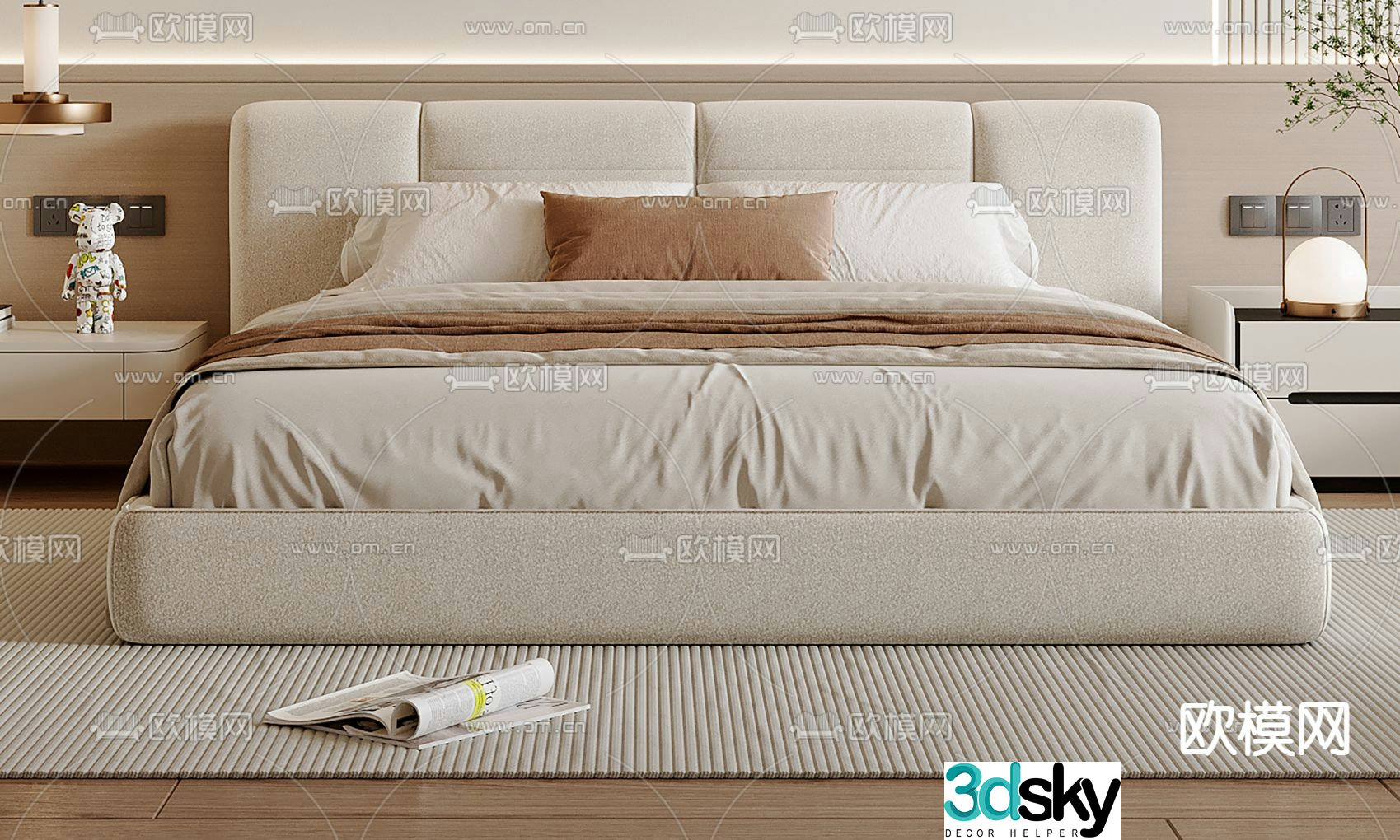 Cream style double bed 3d model