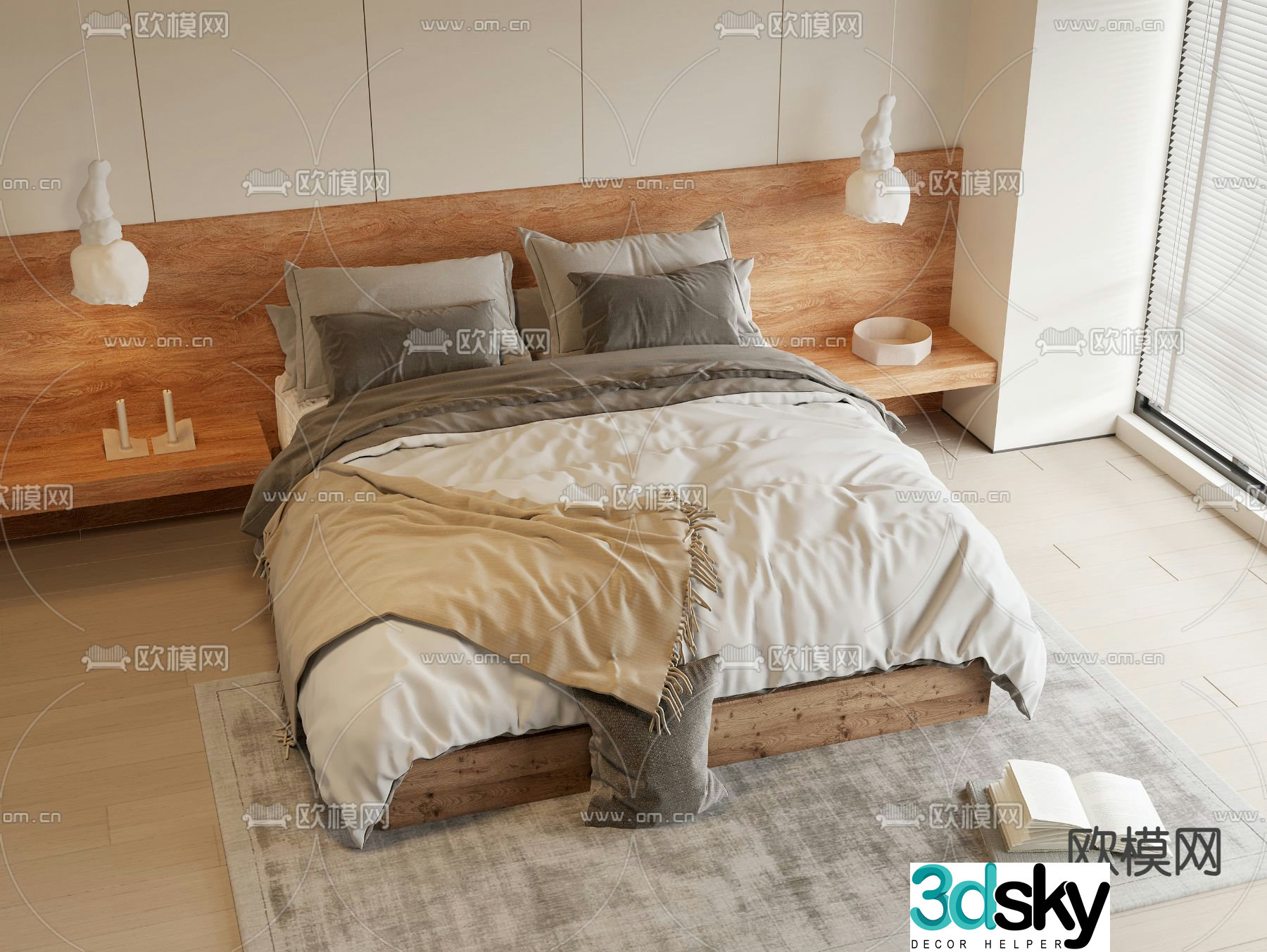 Solid wood double bed 3d model