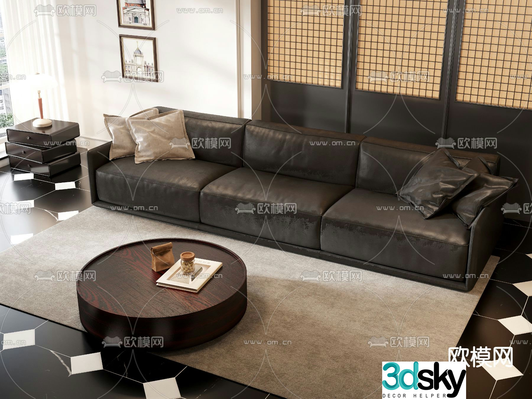 Three person leather sofa 3d model