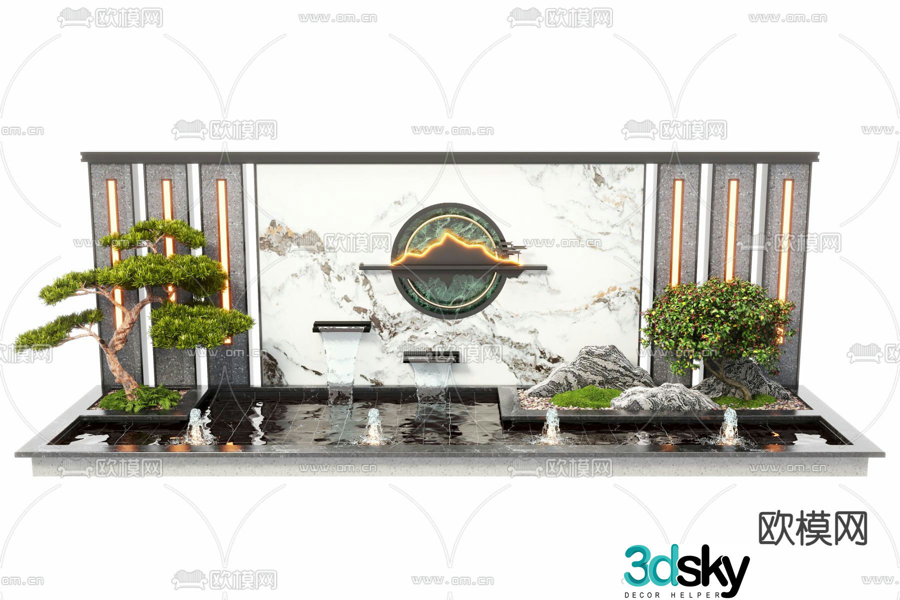New Chinese style water feature wall landscape sketch 3D model