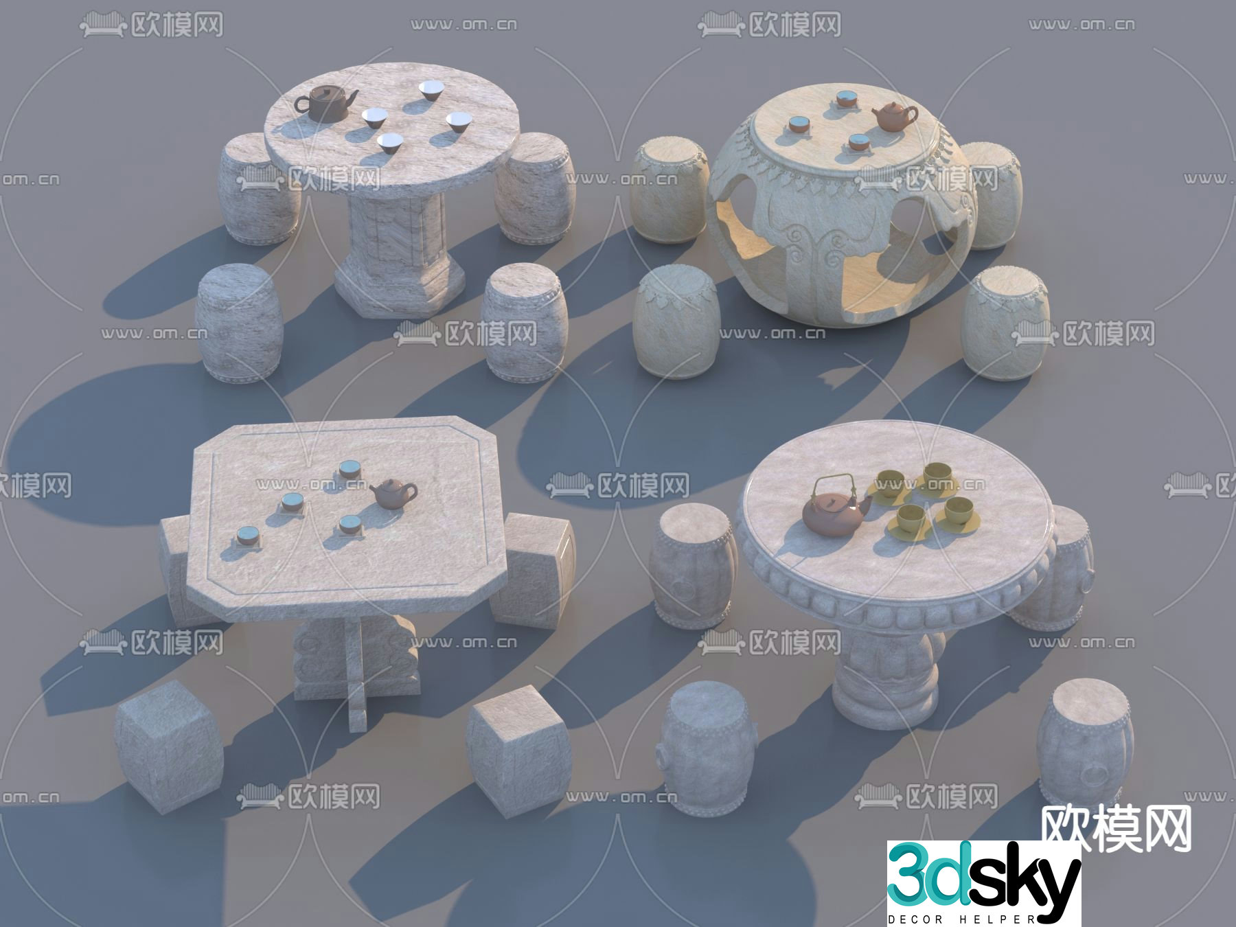 Chinese stone table stone bench outdoor table and chairs 3D model