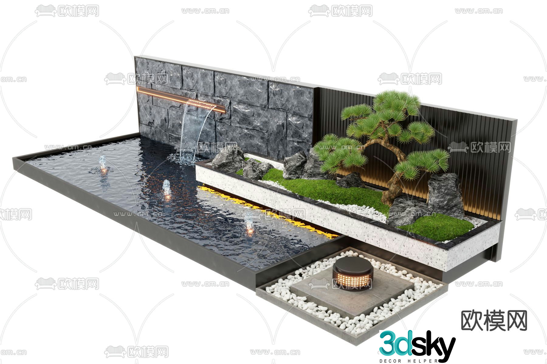 New Chinese style fountain water feature wall falling water wall 3D model