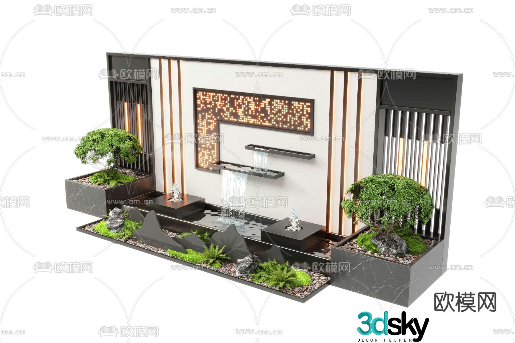 New Chinese style water feature wall fountain waterfall plunge pool sketch 3D model