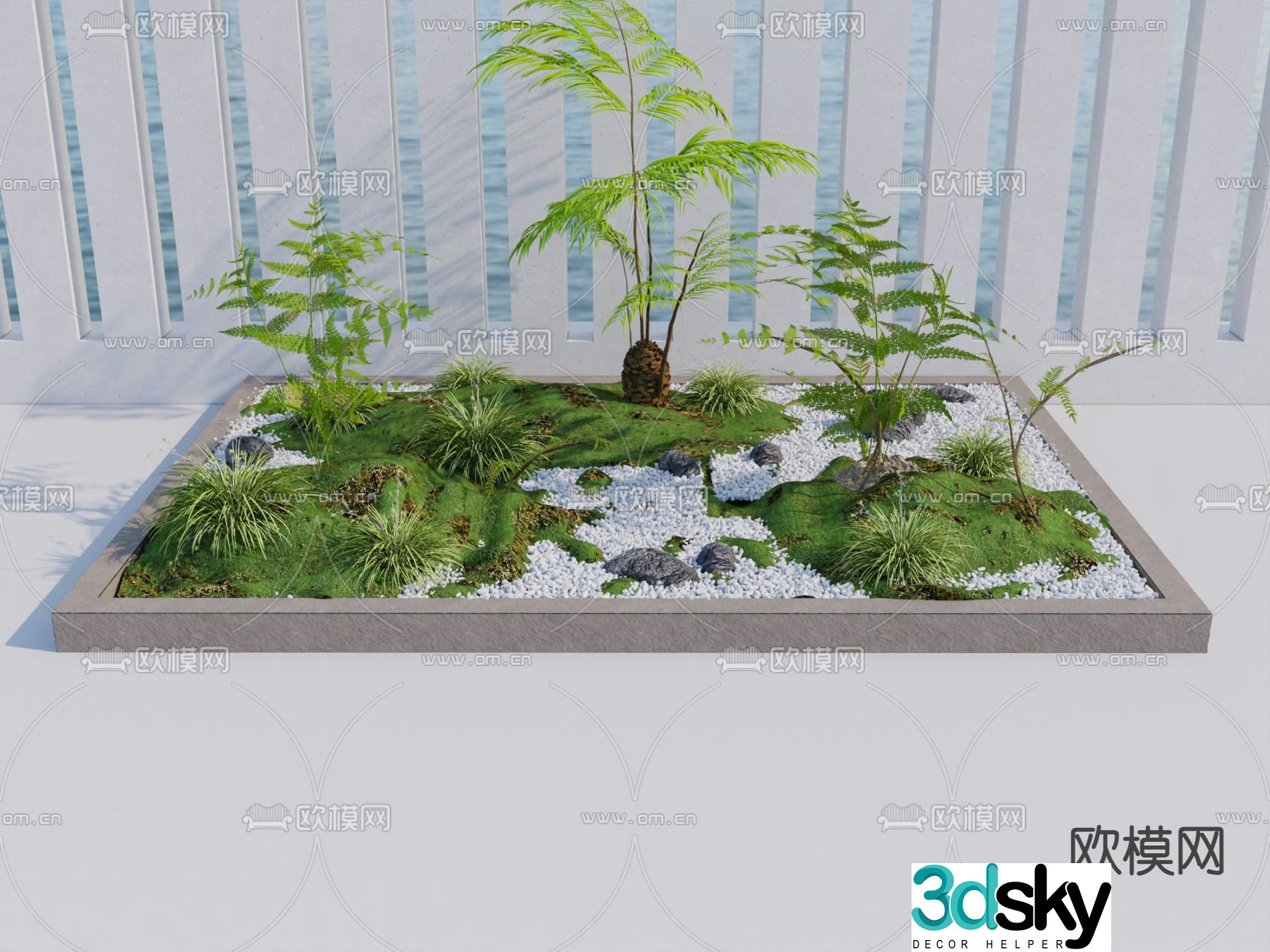 Green flowers and grass landscaping 3d model