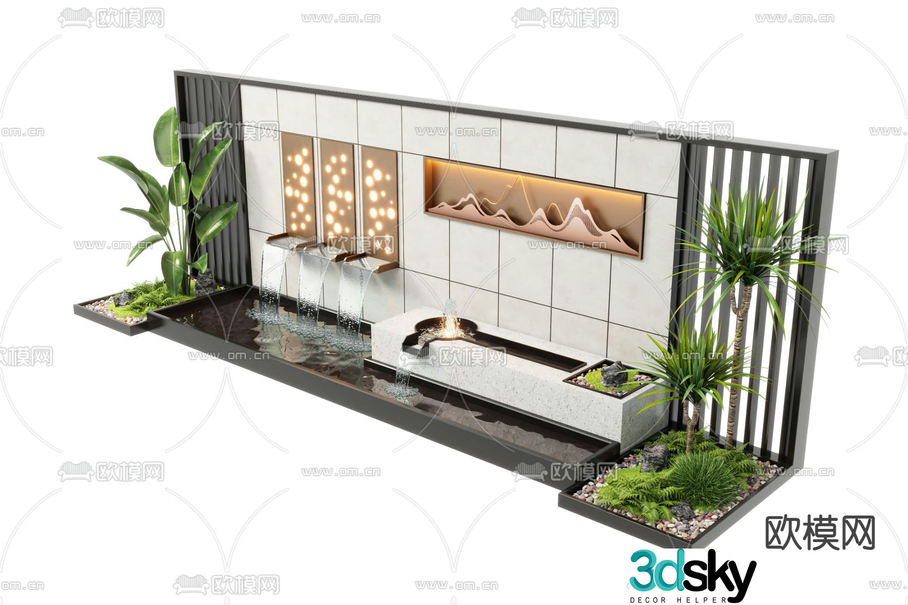 Modern water feature wall fountain waterfall plunge pool sketch 3D model