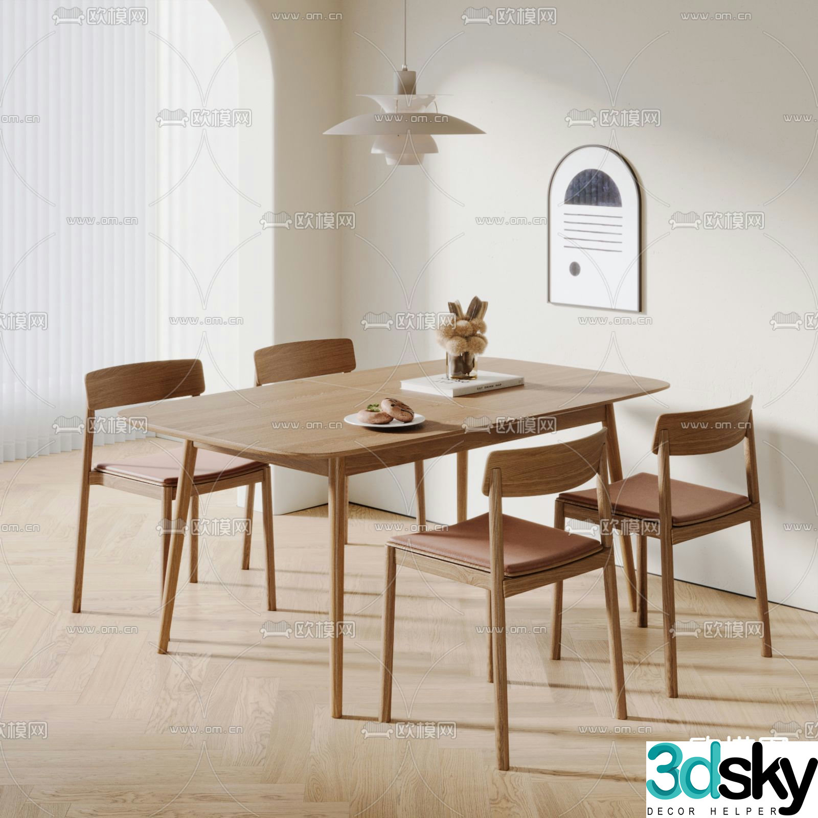 Nordic dining table and chairs log dining table 3d model